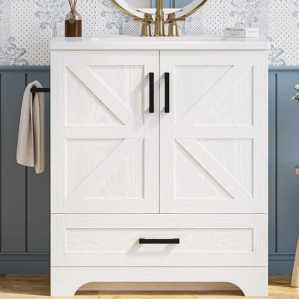 IRONCK Bathroom Vanity, 30" Bathroom Vanity with Sink, Farmhouse Wood Fixture Stand Pedestal Bathroom Cabinet with Drawer, Easy Assembly