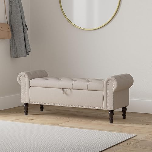 Miniatura 8 de Cozyman Banco de almacenamiento, 50 pulgadas, banco otomano tapizado de piel sintética con botones y brazo enrollado y ribete de cabeza de clavos,