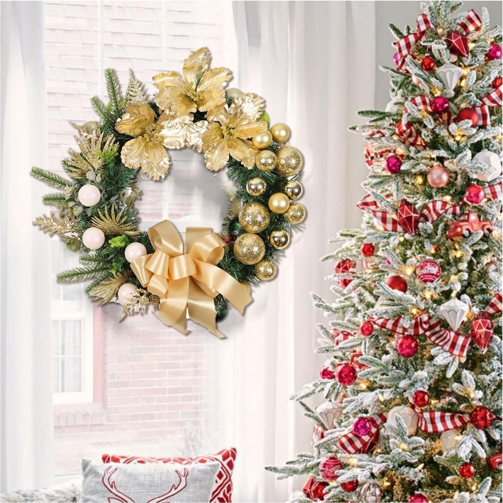 Dekoriert 2 stücke Weihnachten Kranz Front Tür Wand Hängen Winter Kranz Garland Ornament Gold Ball Kranz Weihnachten Dekoration for Home Exquisit