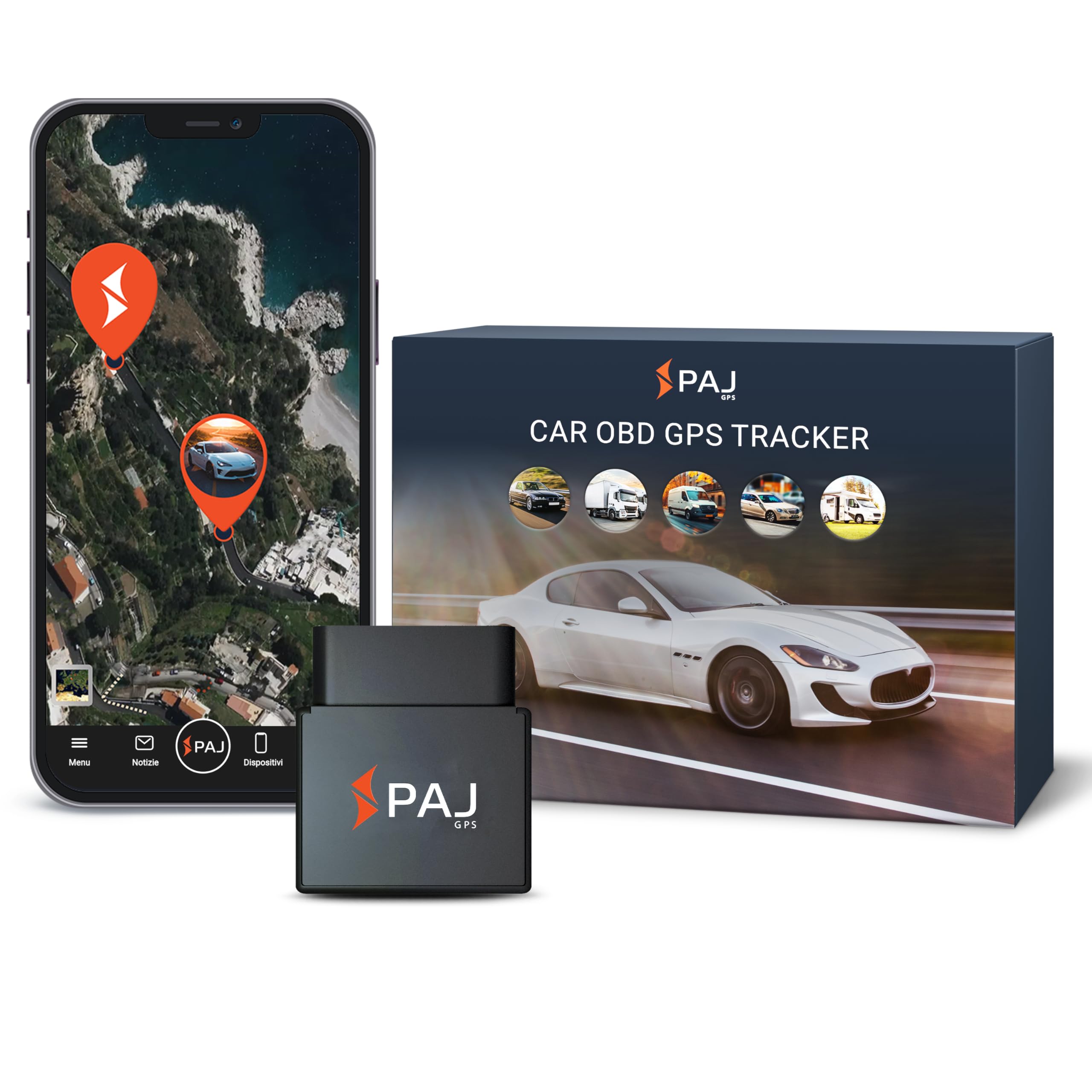 PAJ CAR OBD Finder 4G 2.0, Localizzatore GPS Auto, Camion e altri Veicoli, Collegamento Diretto Presa OBD, Tracciamento Tempo Reale via App, Vari Allarmi Impostabili, 365gg Archivio Percorsi
