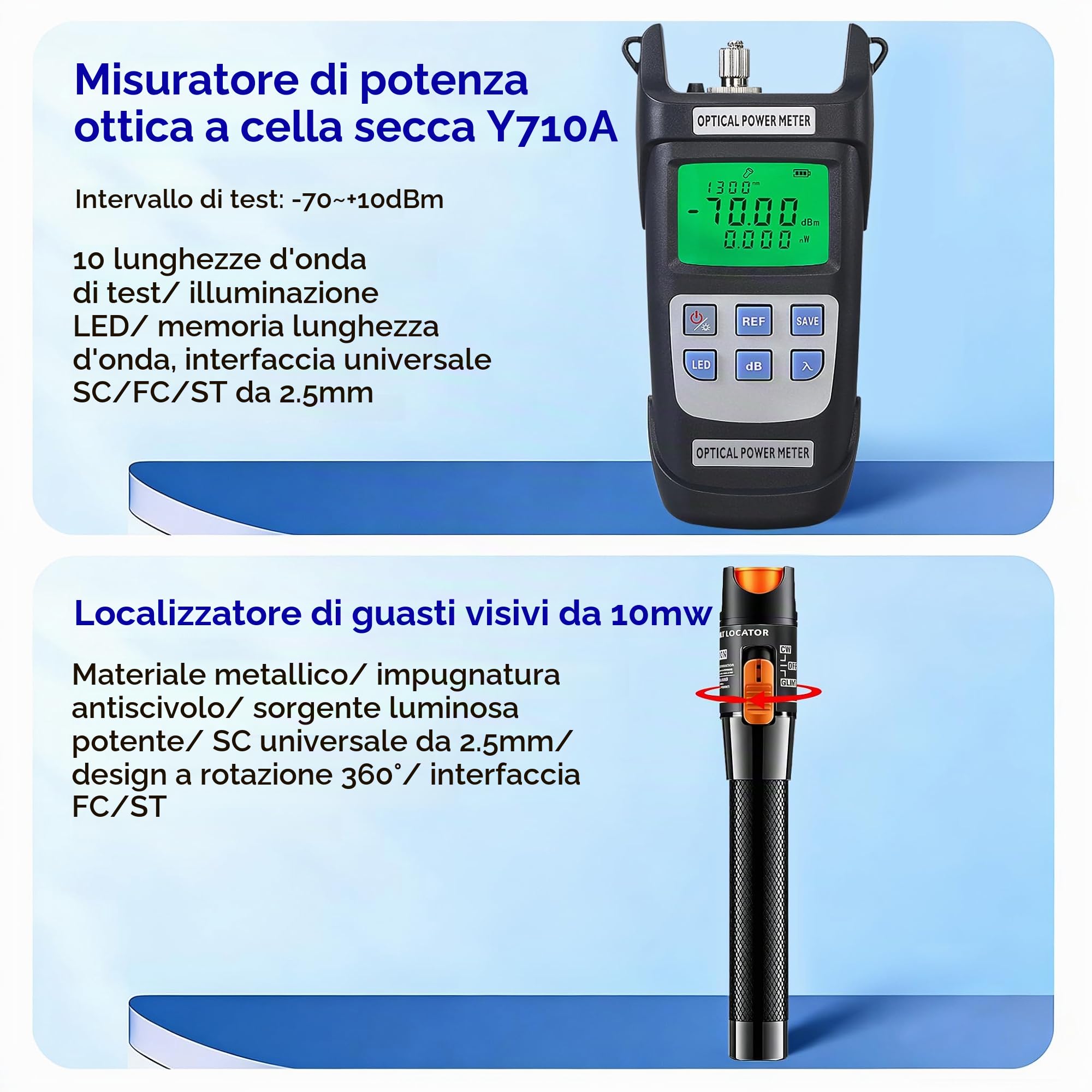 Kit di strumenti per fibra ottica, kit di strumenti FTTH 11 in 1 con mannaia FC-6S, misuratore di potenza ottica, localizzatore visivo di guasti Spellafili per fibra ottica da 10 km