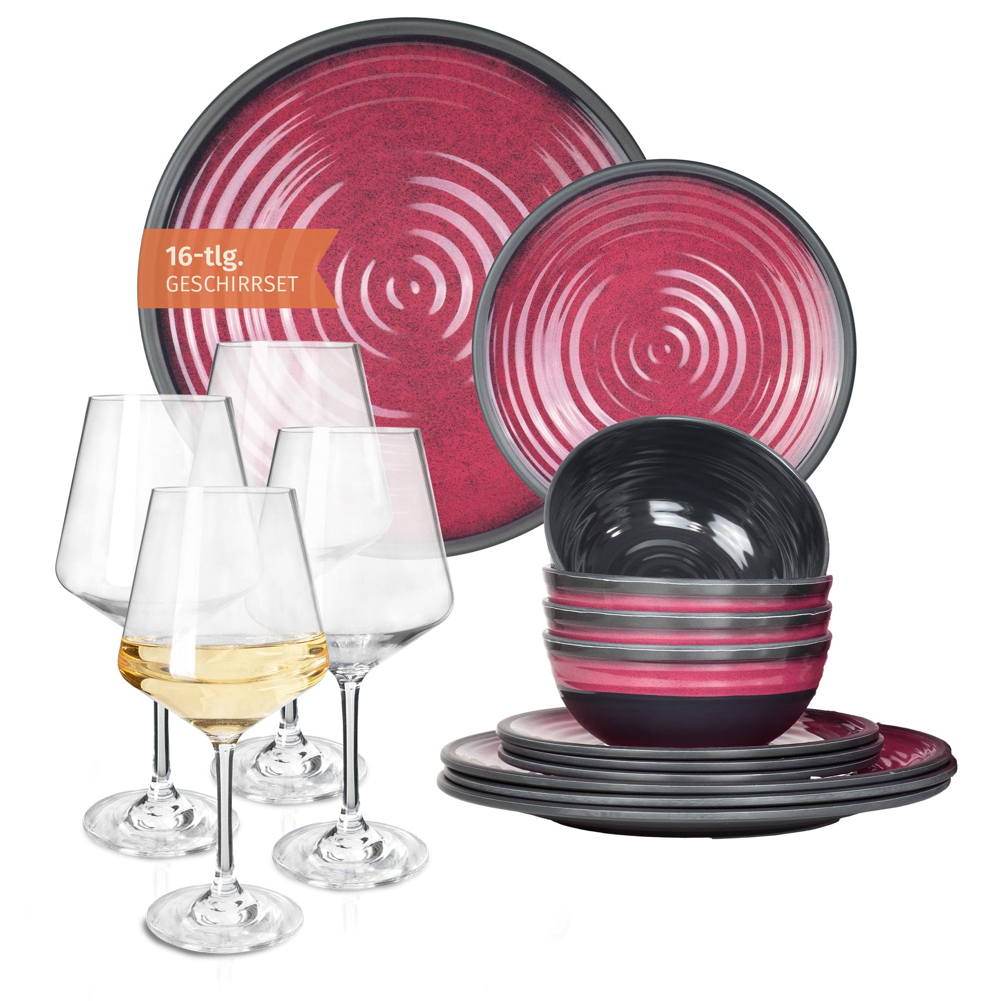 Vajilla de melamina para camping, 4 personas, color rojo piedra + 4 copas de vino blanco Milano