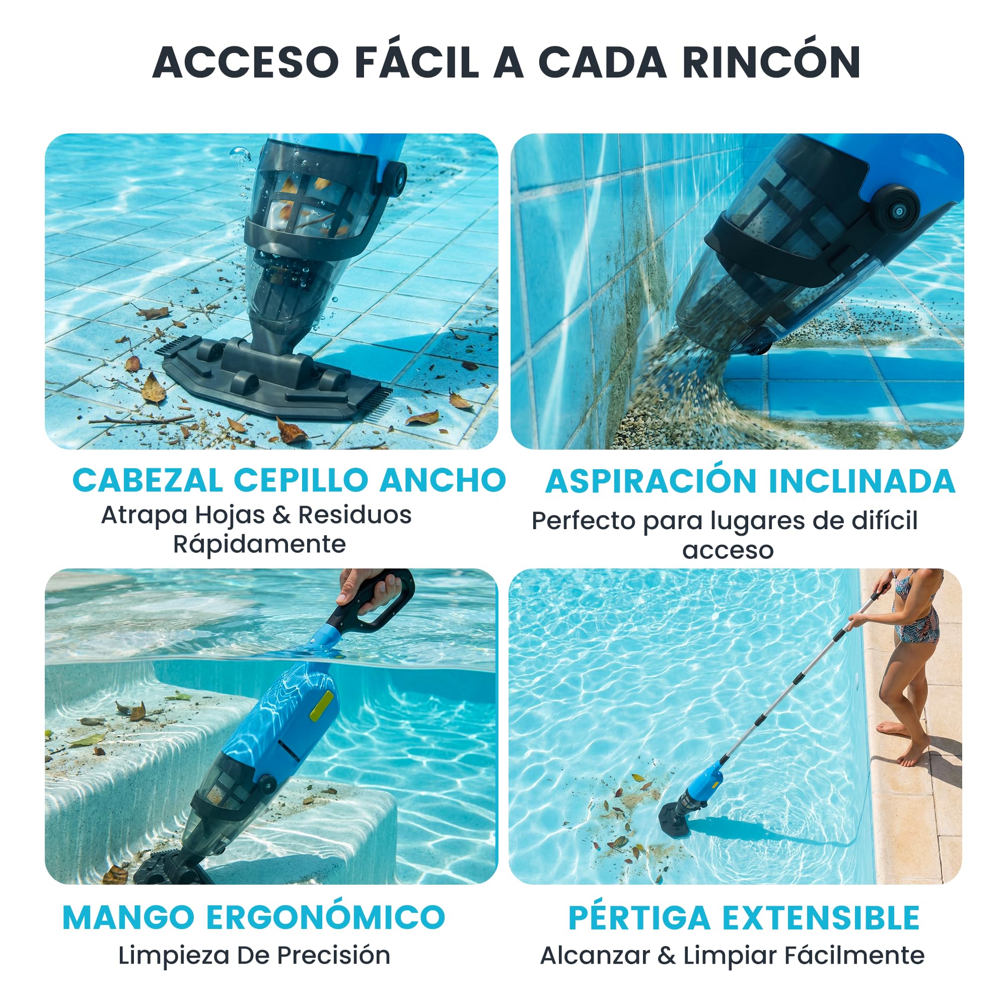 Aspirador de Piscina inalámbrico, limpiafondos de Piscina Manual hasta 90 Minutos, pértiga telescópica de 160 cm, Limpiador de Piscina, succión de hasta 4088 L/h, Ideal para spas y Hot tubs