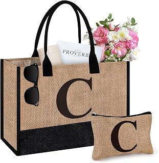 Initial Jute Tote Bag and Makeup Bag, Birthday Gifts for Women Her Mom Teacher, Suitable for Wedding, Beach, Holiday