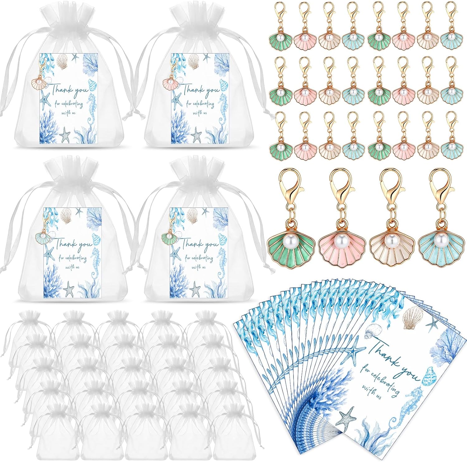 Equsion 36 Set,Seashell Keychain Beach Party Favor, Coastal Seashell Gifts