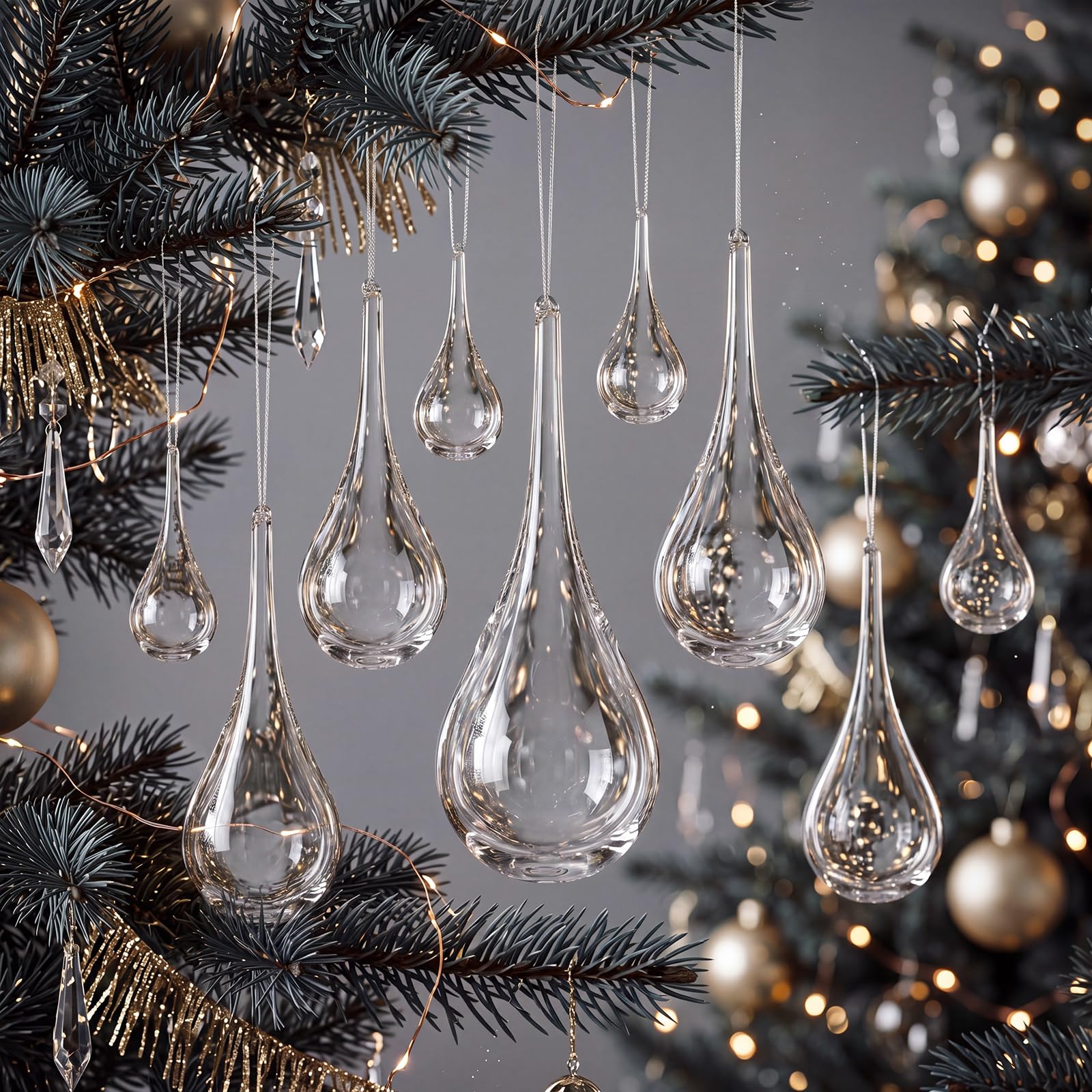 Seenelling Lot de 12 décorations en verre transparent en forme de goutte d'eau pour sapin de Noël, 3 tailles de chandelier en cristal de rechange, décoration d'intérieur à suspendre avec ficelle pour