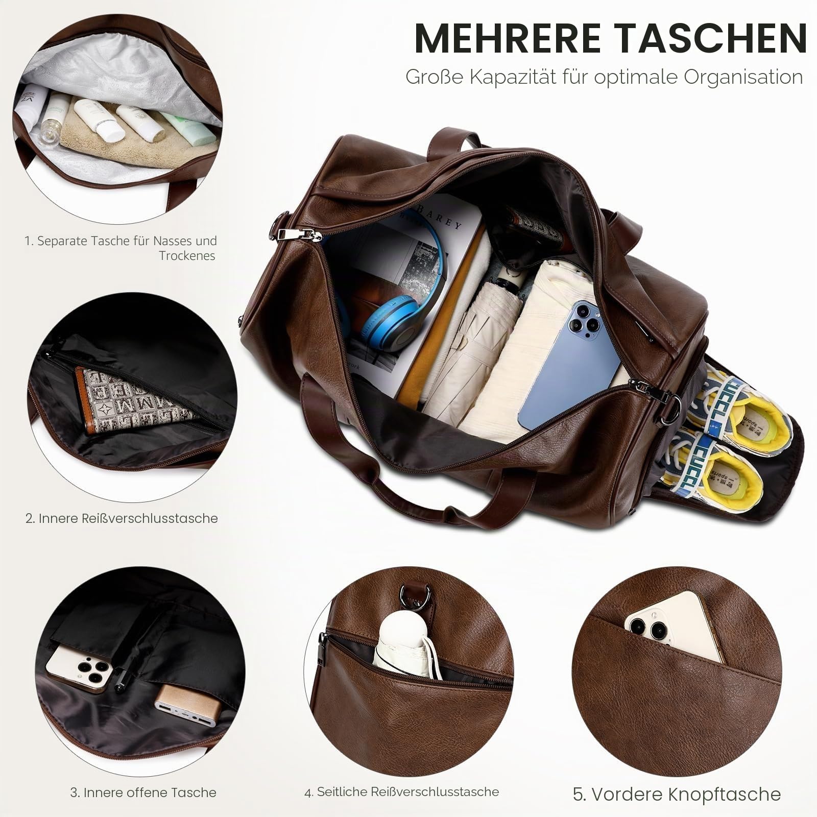 Wogarl Wochenendtaschen für Damen, große Übernachtungstasche, Wochenend-Reisetasche, Schultertasche, mit Schuhfach, 3 Stück, Kaffee, Large, modisch