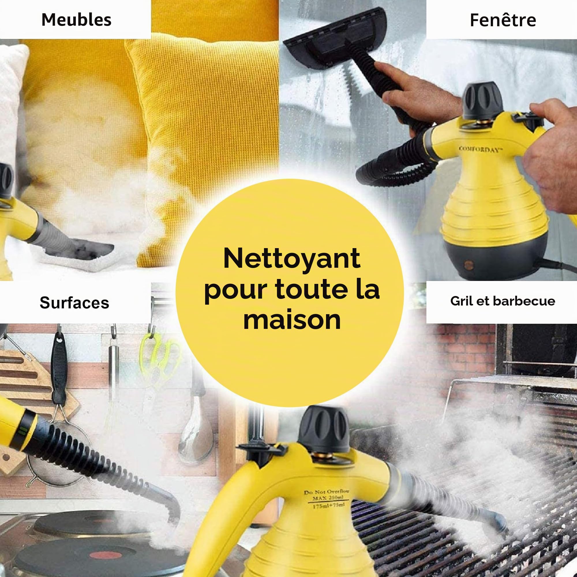 Comforday Nettoyeur Vapeur à Main 9 Accessoires nettoyeur haute pression Multi-usage, pour sols, meuble, voiture, salle de bain, fenêtre, tapis cuisine, steamer cleaner