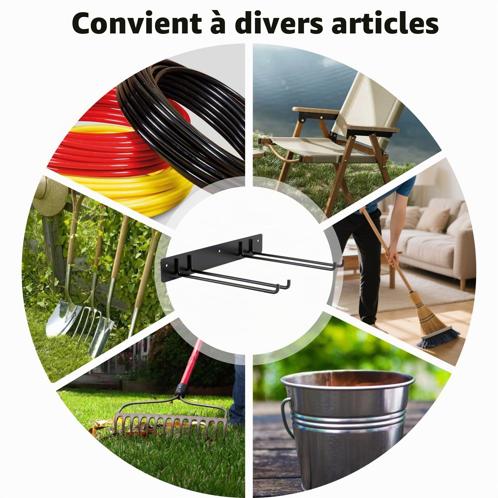 Sinoer Support mural pour outils - Solution de rangement de garage - Support de pieds de chaise pliable - Crochet de rangement pour outils de jardin - Version allongée - Inoxydable - Capacité de