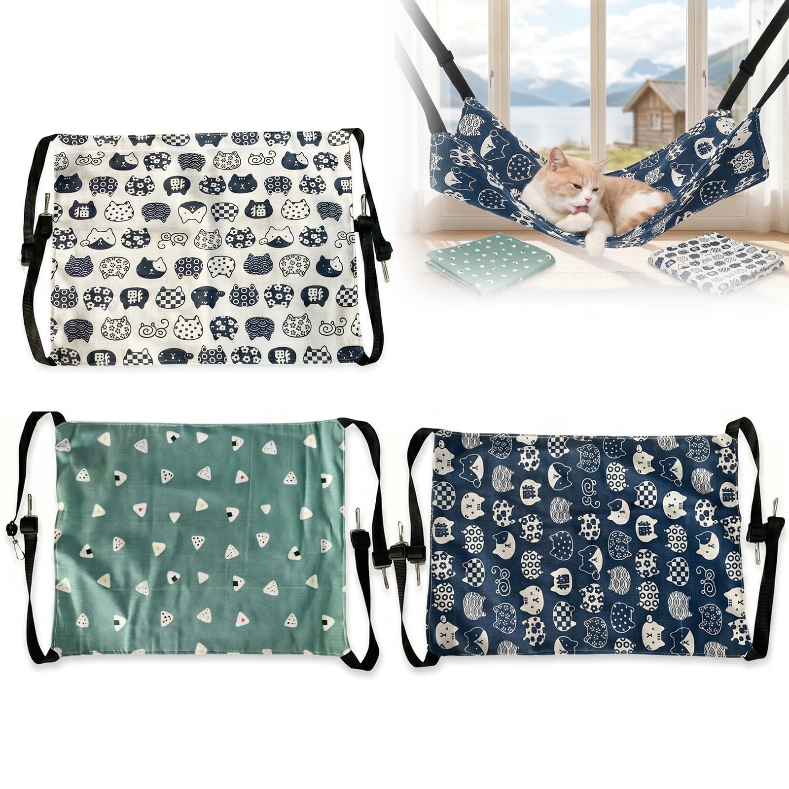 Hounyou 3 Pack Cat Hammock Outdoor, Adjustable Straps Reversible Hanging Cat Bed for Cat, Rabbits, Chinchillas, Small Pet (45 * 35cm)