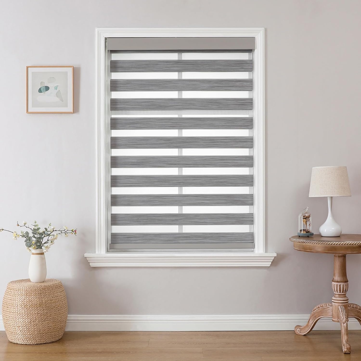 Joydeco Cordless Zebra Blinds (Pro), Dual Layer Light Control Zebra Blinds for Windows, Light-Proof Aluminum Cover, Free-Stop Roller Shades for Home & Office (Gray, 48" W x 75" H) Gray 48"W x 75"H