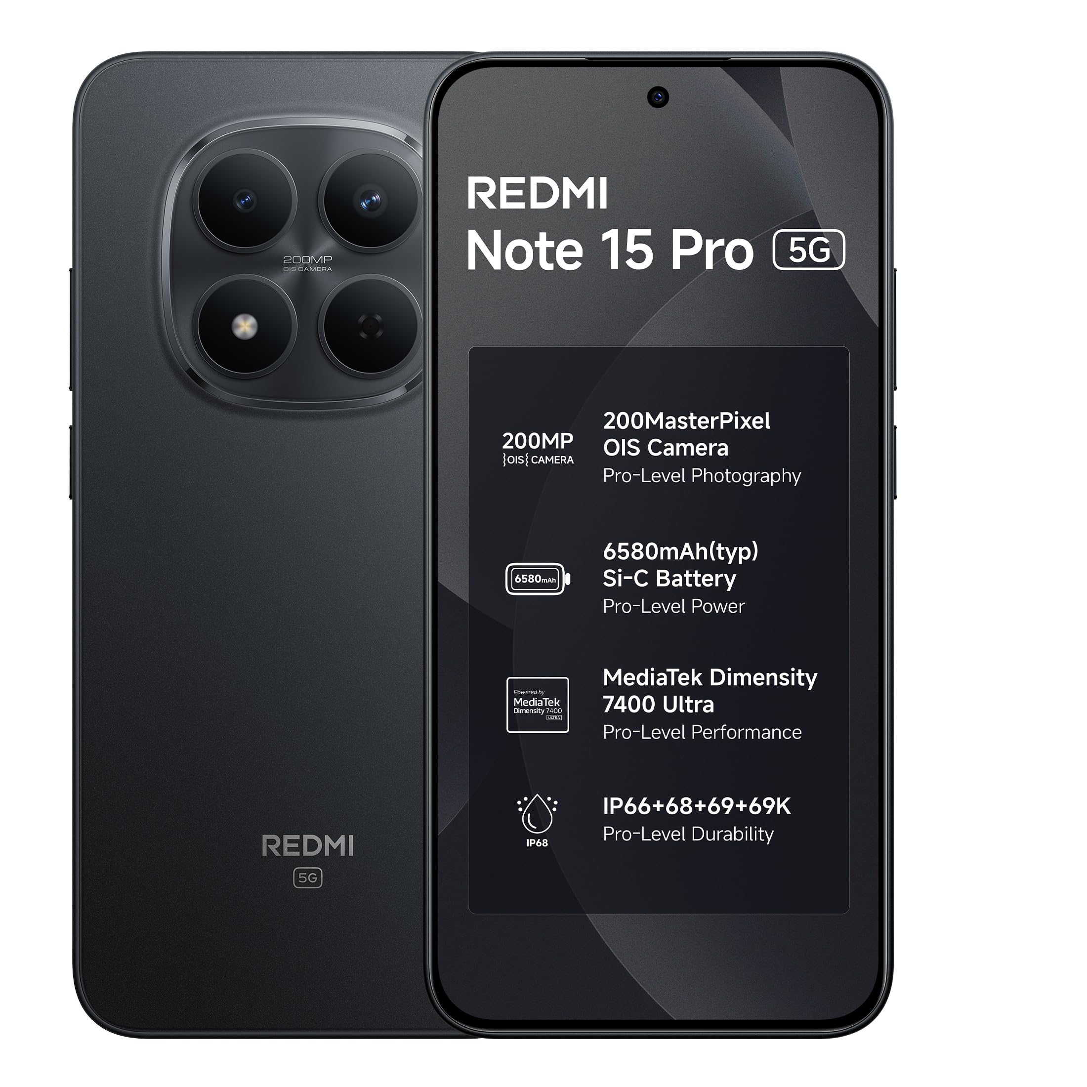 REDMI Note 15 Pro 5G smartphone, Carbon Black color, viewed from the back at an angle, showcasing its camera module and sleek design.