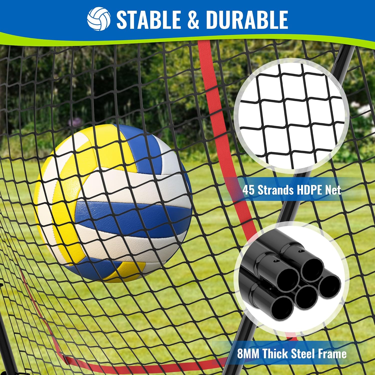 Volleyball Rebounder Net 7x4 FT, 5-Angle Adjustable Bounce Back Net, Steel Frame & PE Training Net for Volleying/Spiking, Rust-Resistant & Durable – w/Travel Bag for All Ages, 2 NETS