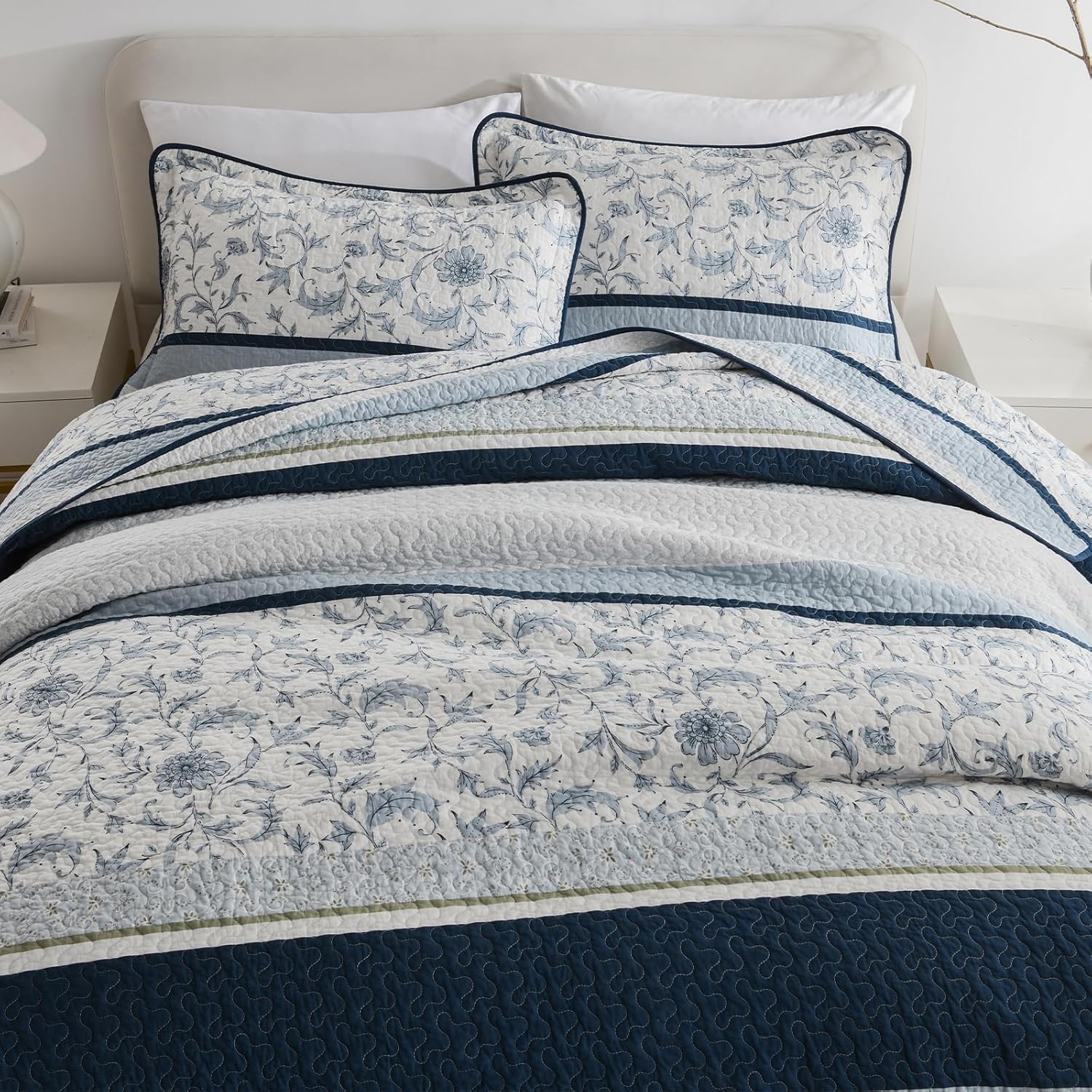 Finlonte Quilt King Size 100% Cotton Lightweight Soft King Comforter Set Navy LightBlue Vintage Quilted Bedspread Striped Floral Reversible Quilt Bedding Set 3 Pieces - Image 5