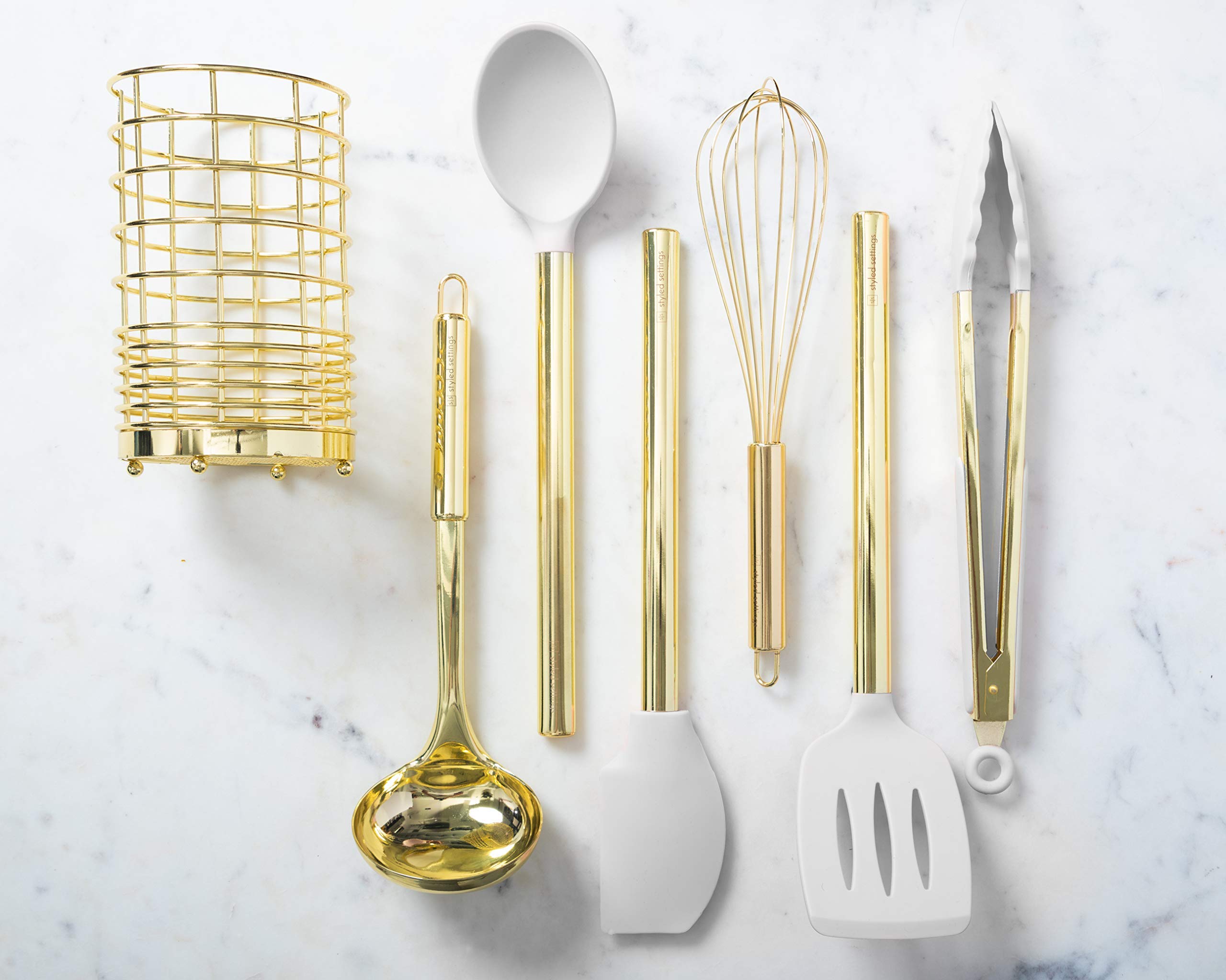 Buy White Silicone and Gold Cooking Utensils Set with Holder 7 PC Gold