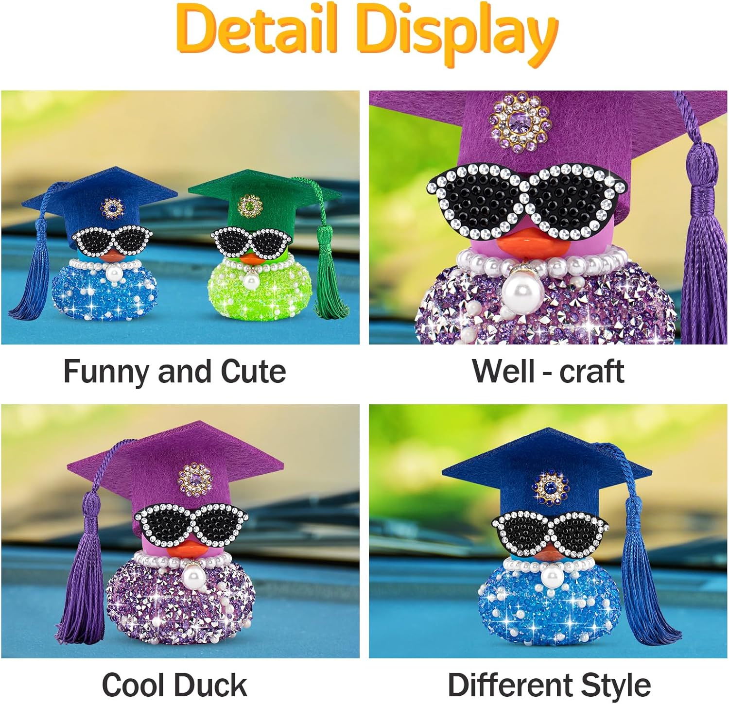wonuu Graduation Car Duck Dashboard Decorations, Rhinestone Rubber Ducks Graduation Gifts for Graduates with Pearl Necklace, Sunglasses, Grad Tassel Cap (Green)