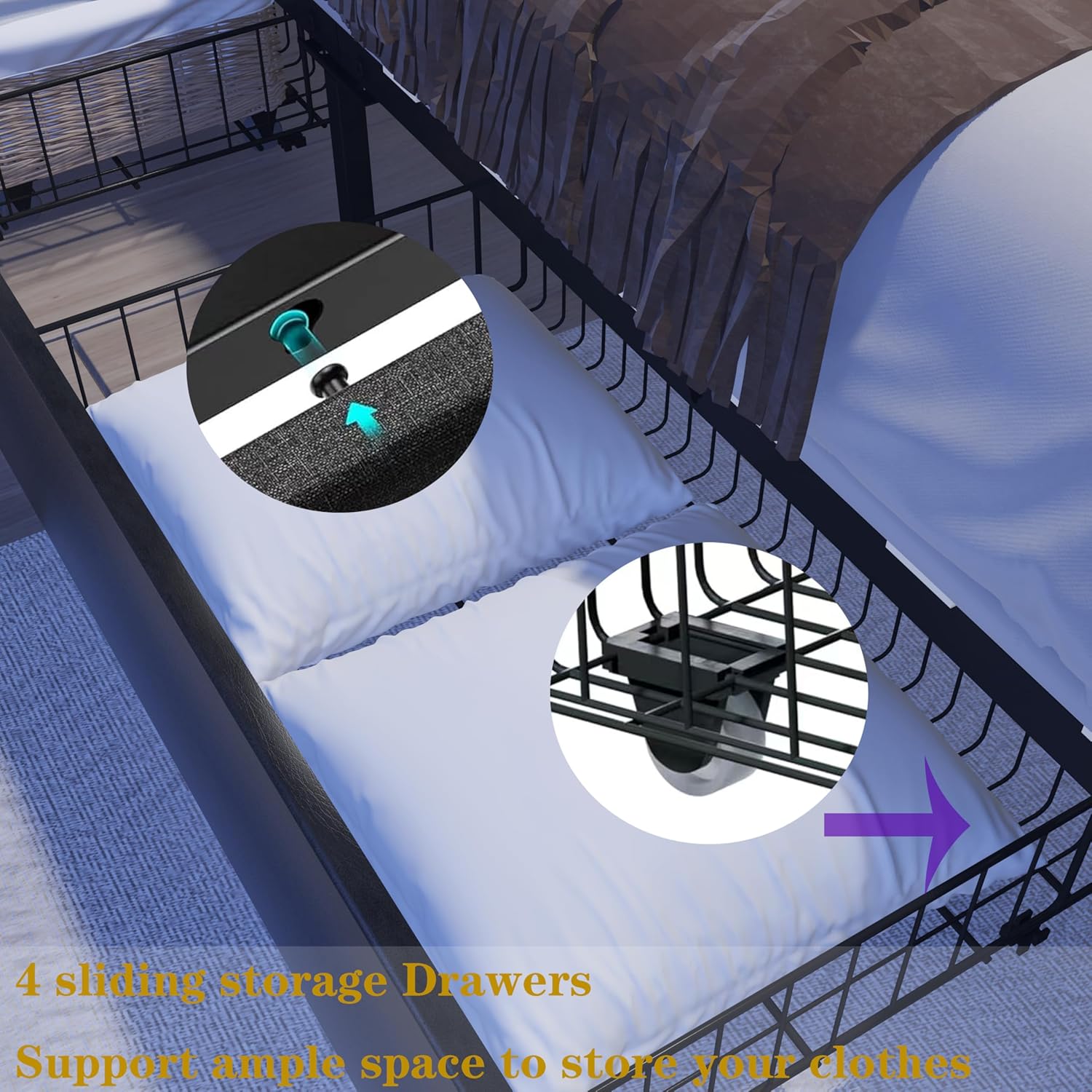 Queen LED Bed Frame with 4 Storage Drawers, PU Upholstered Platform Bed Frame with LED Lights and Charging Station, Bed Frame with Adjustable Headboard, No Box Spring Needed, Black