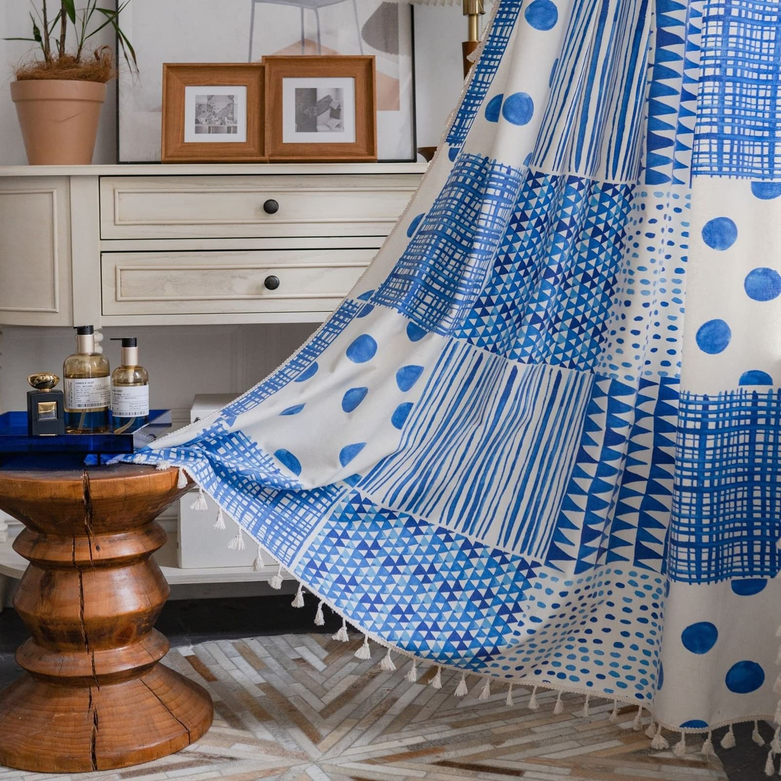 Rideau de Fenetre Interieur Coton, Rideau Fenetre Bleu Blanc Imprimé Patchwork Géométrique Bohème Crochet Rideau Fenetre Salon Lot de 2 150X200CM