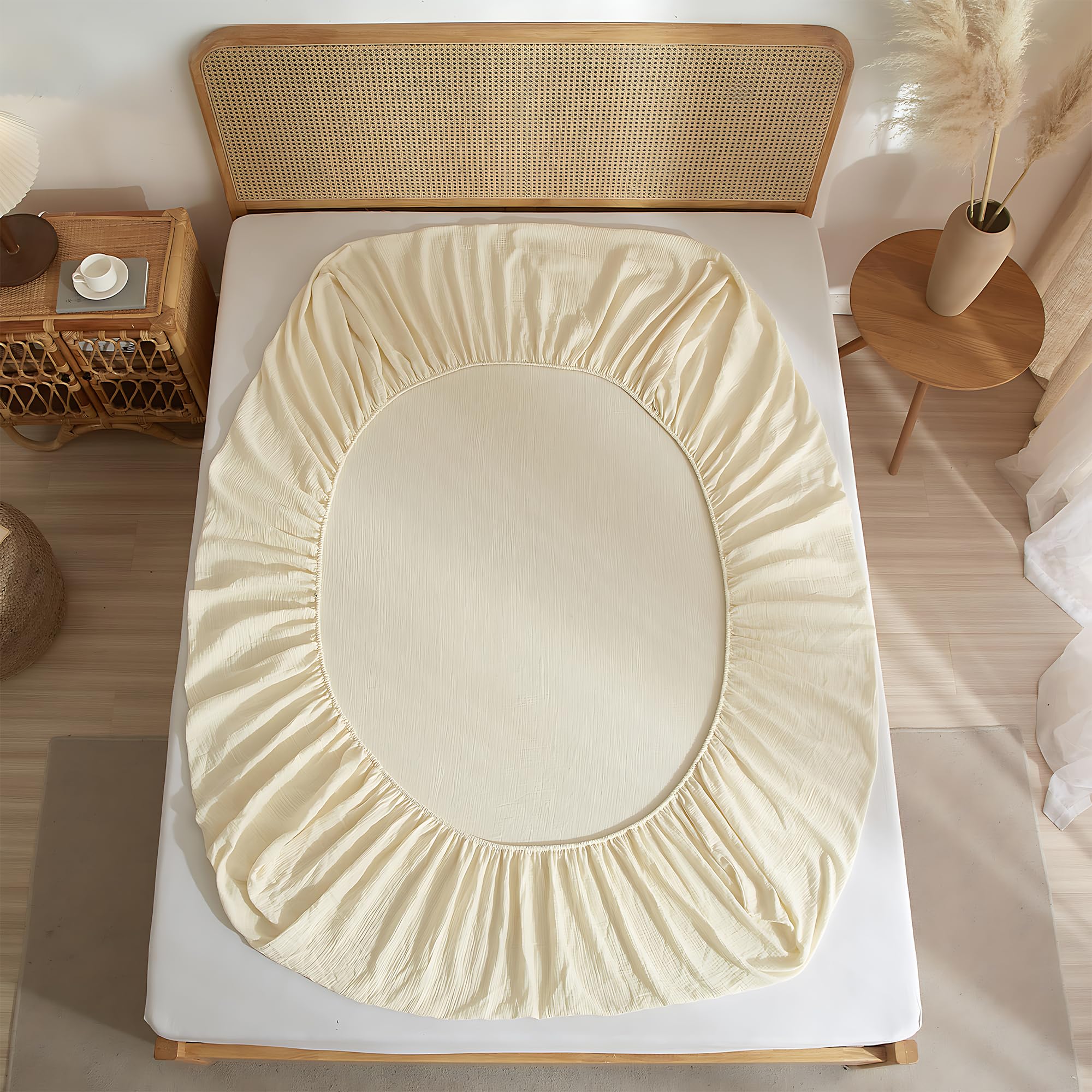 Luowei Muslin Spannbettlaken 200x200cm-100% Baumwolle, WeichesAtmungsaktives Bettlaken für Sommer & Winter，Ökotex，Beige Boxspringbett Spannbetttuch，Passend für Matratzen bis 30cm