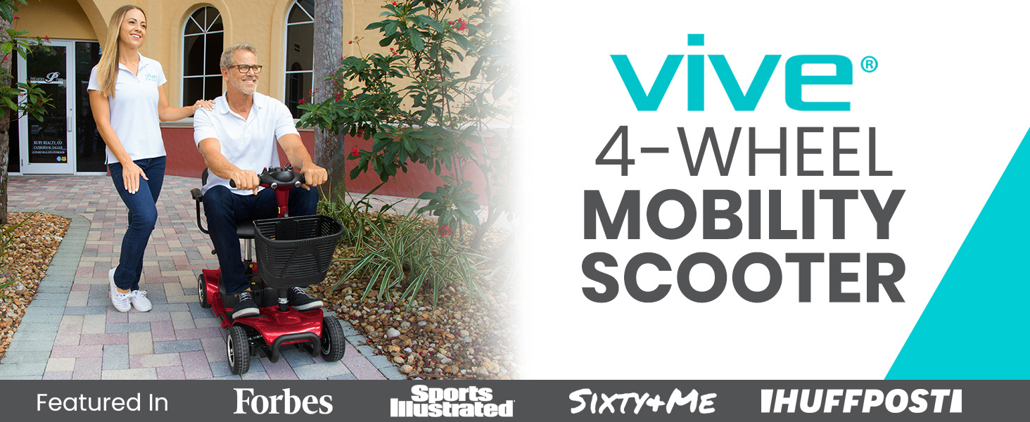 Vive 4 Wheel Mobility Scooter - Electric Powered Wheelchair Device - Compact Heavy Duty Mobile for Travel, Adults, Elderly - Long Range Power Extended Battery with Charger & Basket