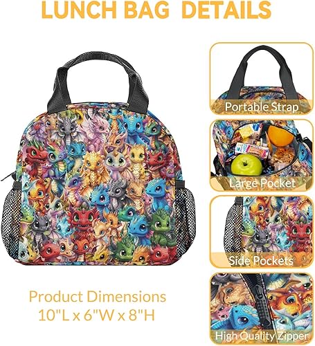 Miniatura 3 de Lonchera de dragón para niños, lonchera aislada para niños, coloridas y lindas bolsas de almuerzo portátiles, pequeña bolsa reutilizable para el