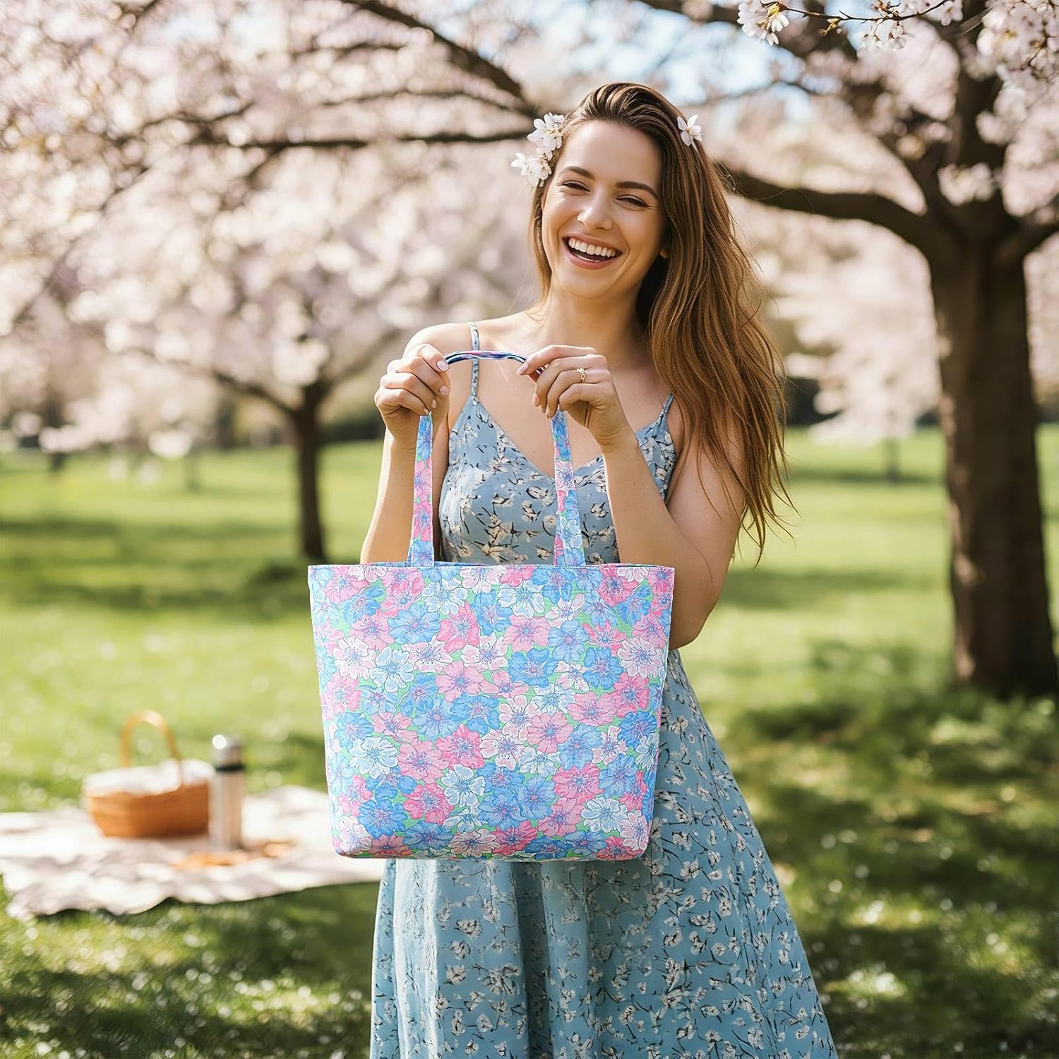 8 Pcs Cute Floral Tote Bag Bulk Reusable Floral Bridesmaid Tote Grocery Cloth Handbags Aesthetic Flower Shopping Shoulder Valentine Wedding Gift Bags for Women - Image 3