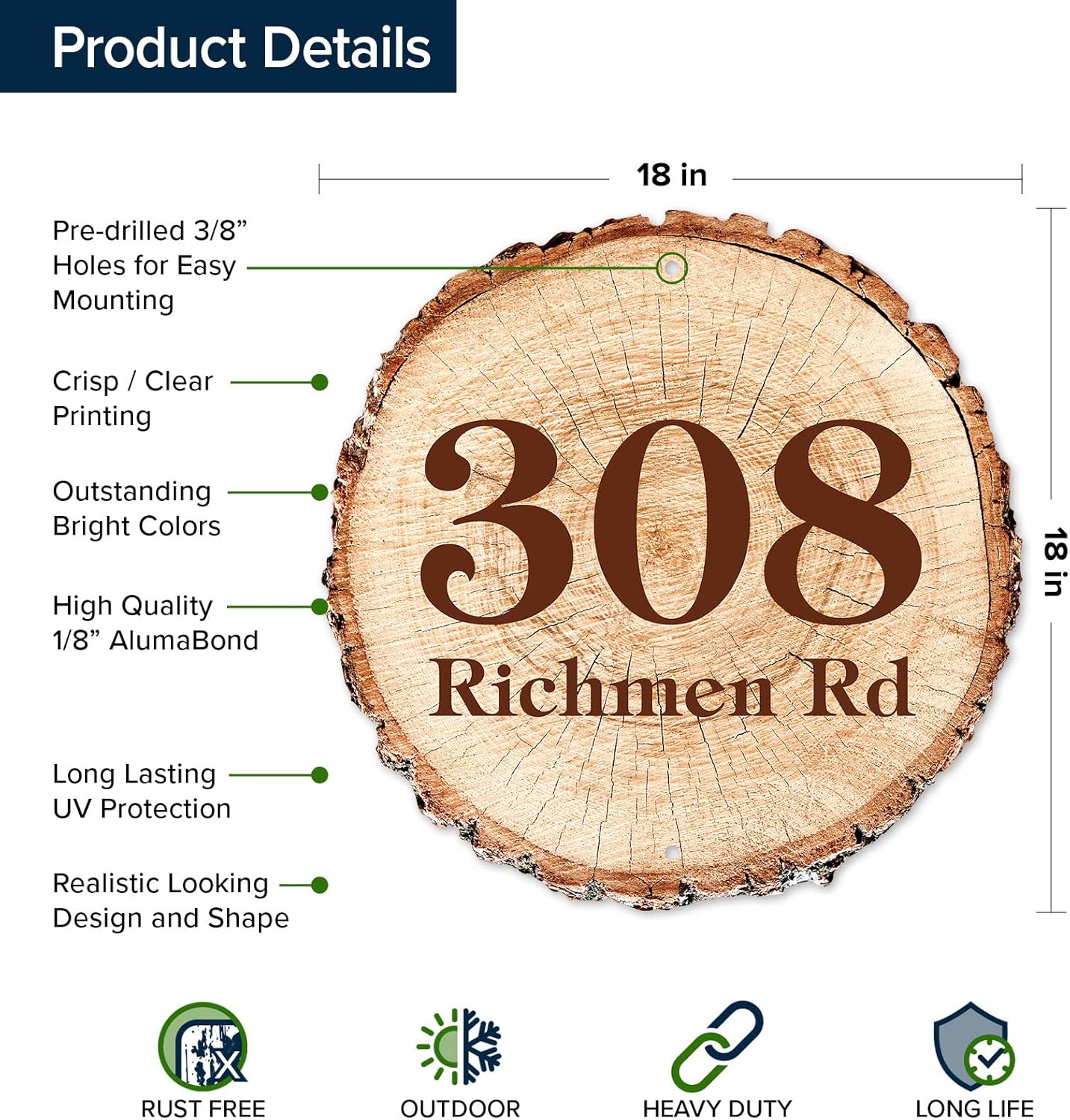 House Address Sign, House Number Plaque, 18x18 Thick Rust-Free, Fade Resistant Aluma Bond, 20 Font Style, Hole Options, USA Made by My Sign Center (Round - Stump Slice)