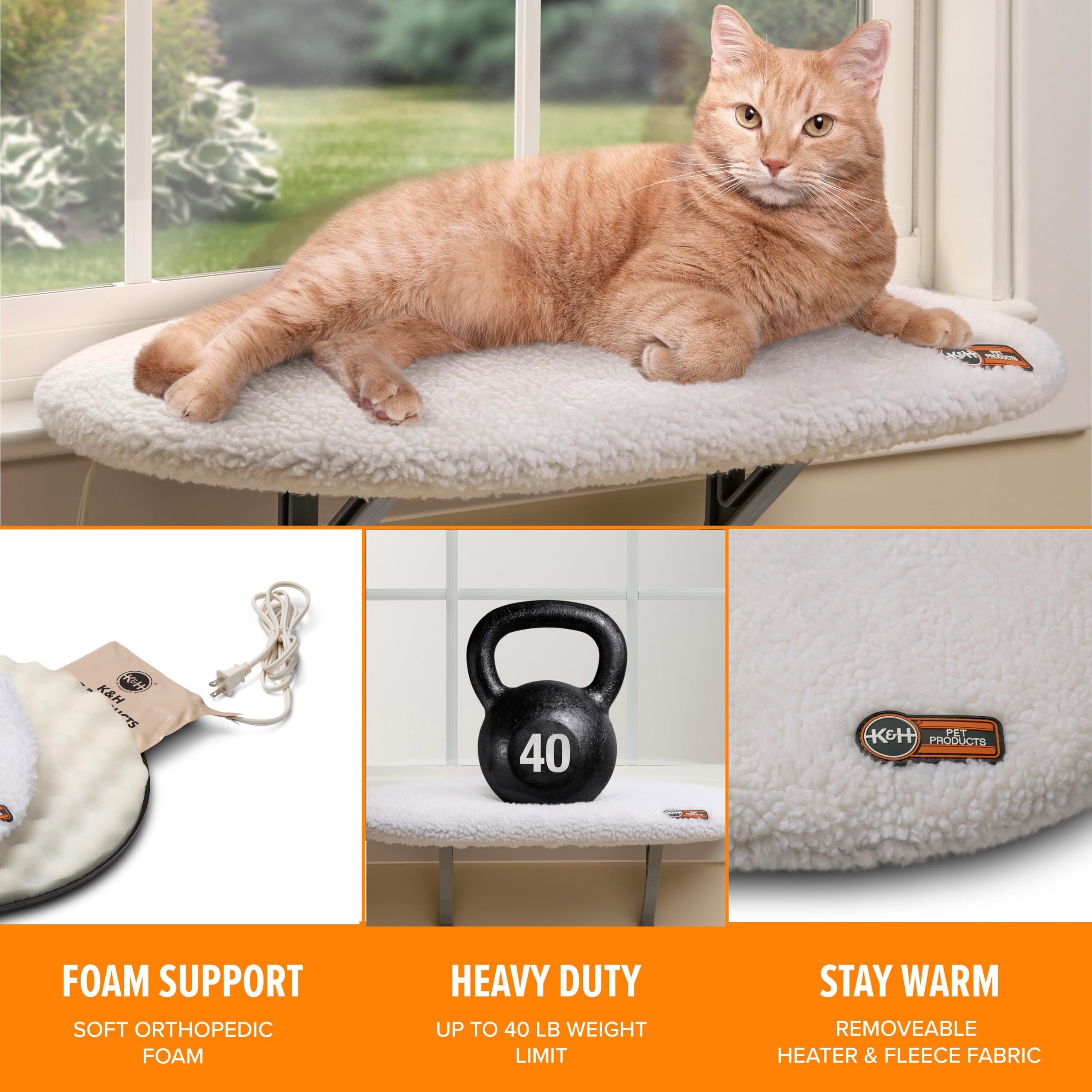 K&H Pet Products Kitty Sill - Percha térmica para gatos grandes, hamaca ortopédica para ventana con capacidad para 40 libras, funda lavable, asiento de cama para interiores – forro polar crema,