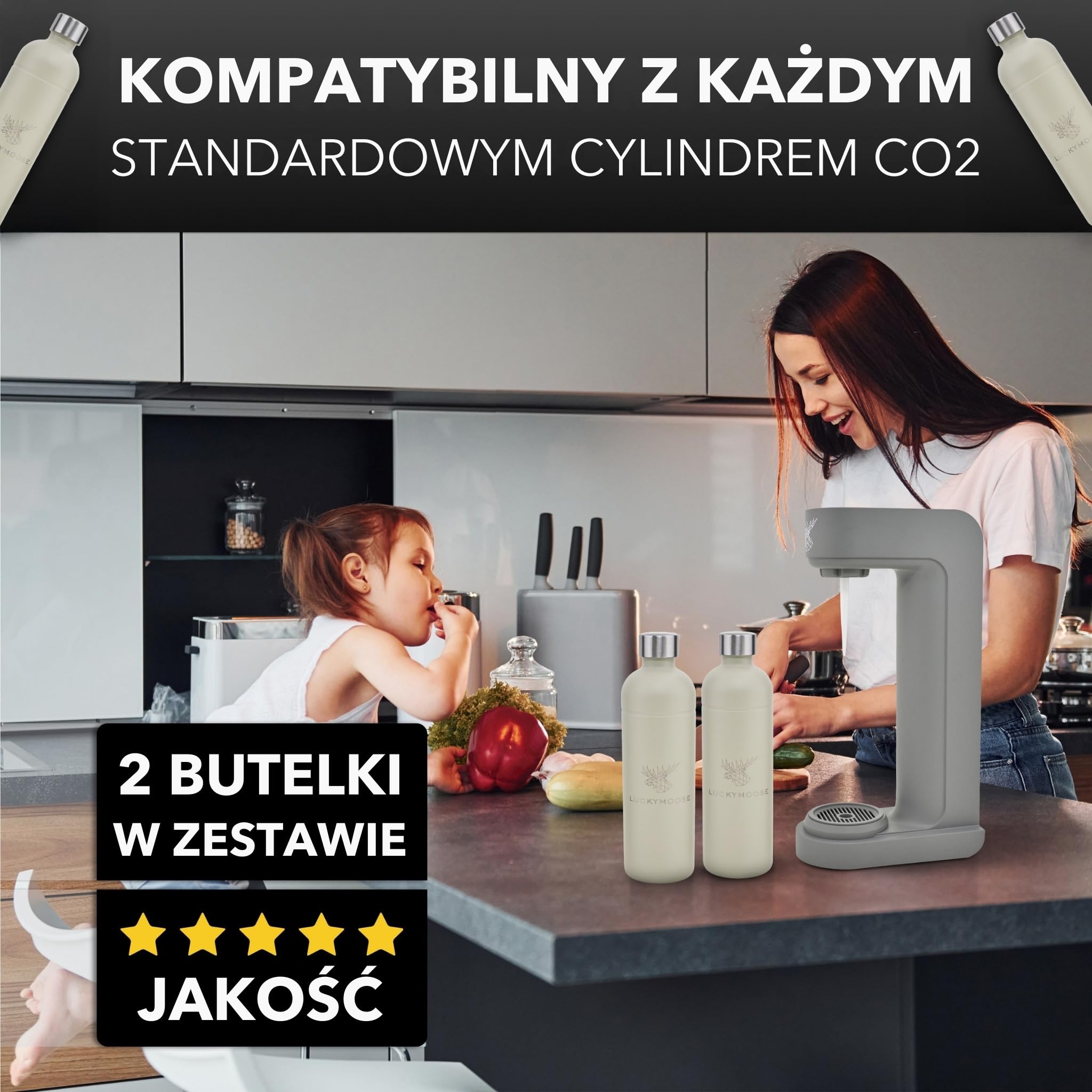 Luckymoose Infinity saturator do wody z 2x 1,25L trwałymi butelkami ze stali nierdzewnej do zmywarki – oszczędna maszyna do wody gazowanej – kompatybilny z niebieskimi cylindrami CO₂ 60l