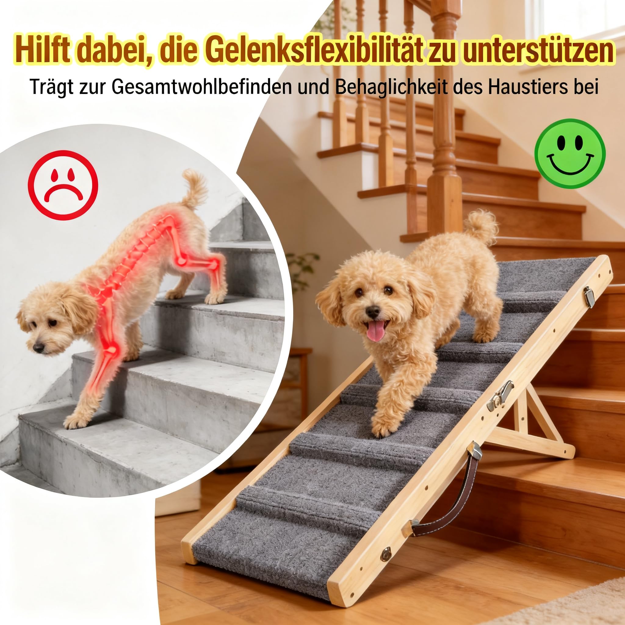 Holz Hunderampe |Hunderampe Bett |Höhenverstellbar mit Rutschfester Matte
