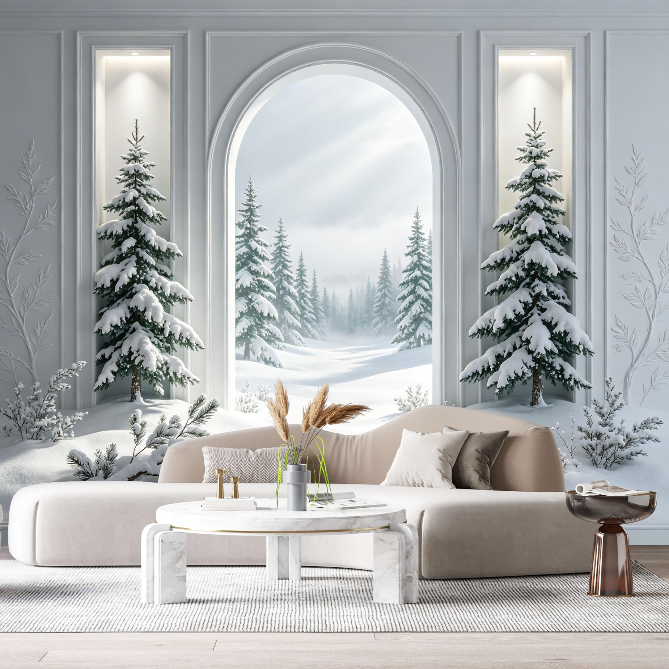 Custom Size Wall Murals Snow Covered Pine Forest Archway Window 3D Trompe L'Oeil SelfAdhesiveWall Fabric Removable Wallpaper Wall Decor for Living Room Bedroom Bathroom