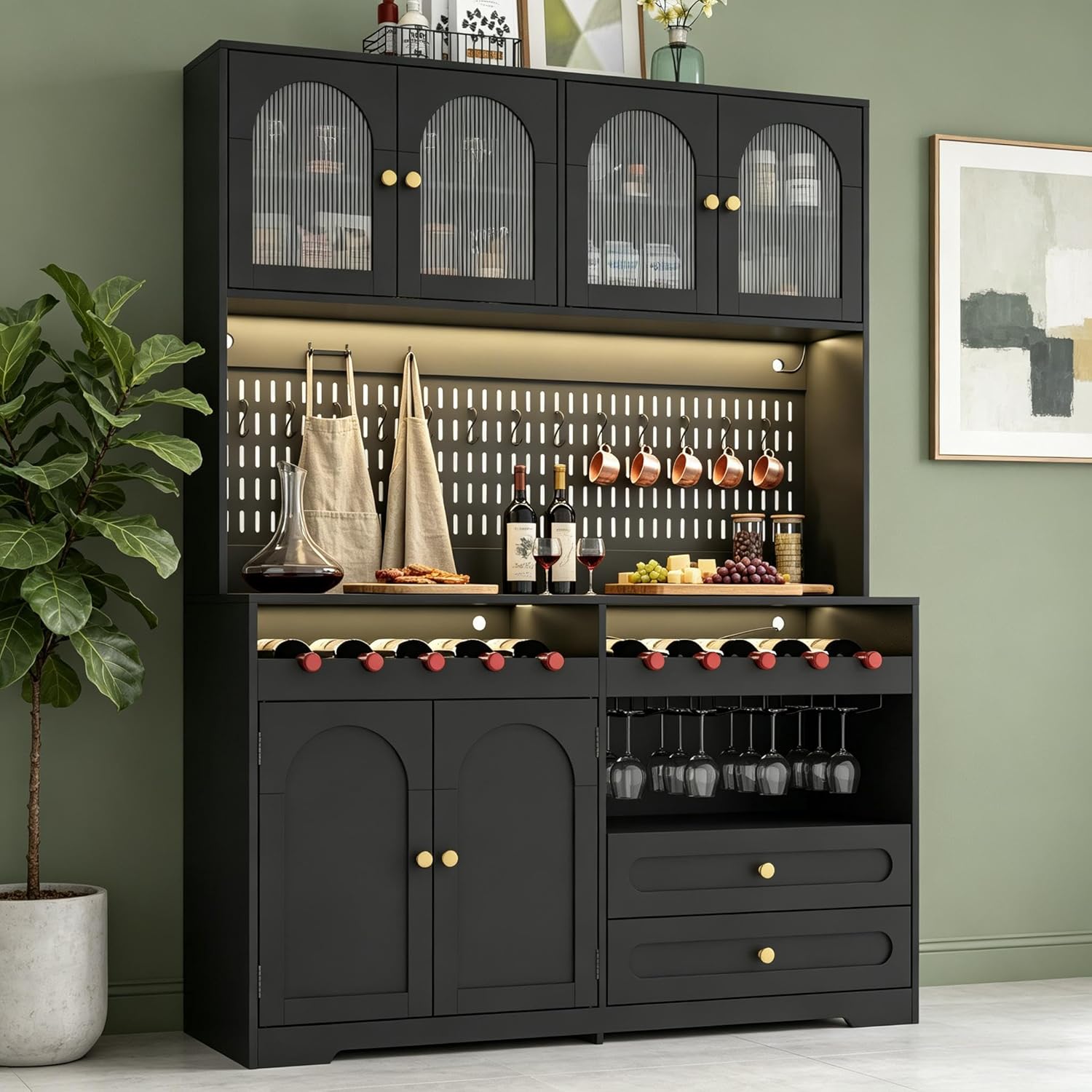 71" Tall Coffee Bar Cabinet with Power Outlets & LED Lights, Kitchen Pantry Storage Cabinet with DIY Pegboard & Glass Doors, Freestanding Wine Bar Hutch with Glass Holder for Dining Room, Black (71")