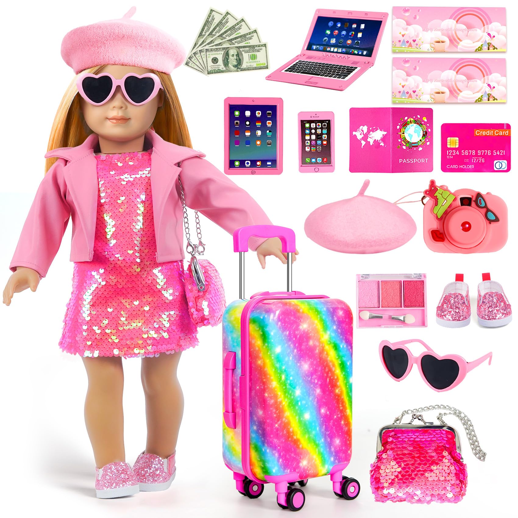 American 18 Inch Doll Clothes Accessories-18 inch Doll Suitcase-Glasses,Beret,Shoes,Handbag,Camera, Passport,Mobile Phone Travel Set Valentine's Gift