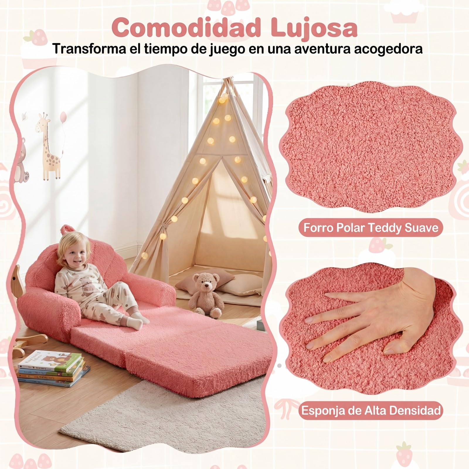 GOPLUS Sofá Plegable para Niños, Sofá Cama 2 en 1 con Funda de Forro Polar Lavable, Respaldo en Forma de Concha y Reposabrazos, Sillón Infantil de Espuma para Niños de 3+ Años (Rosa)