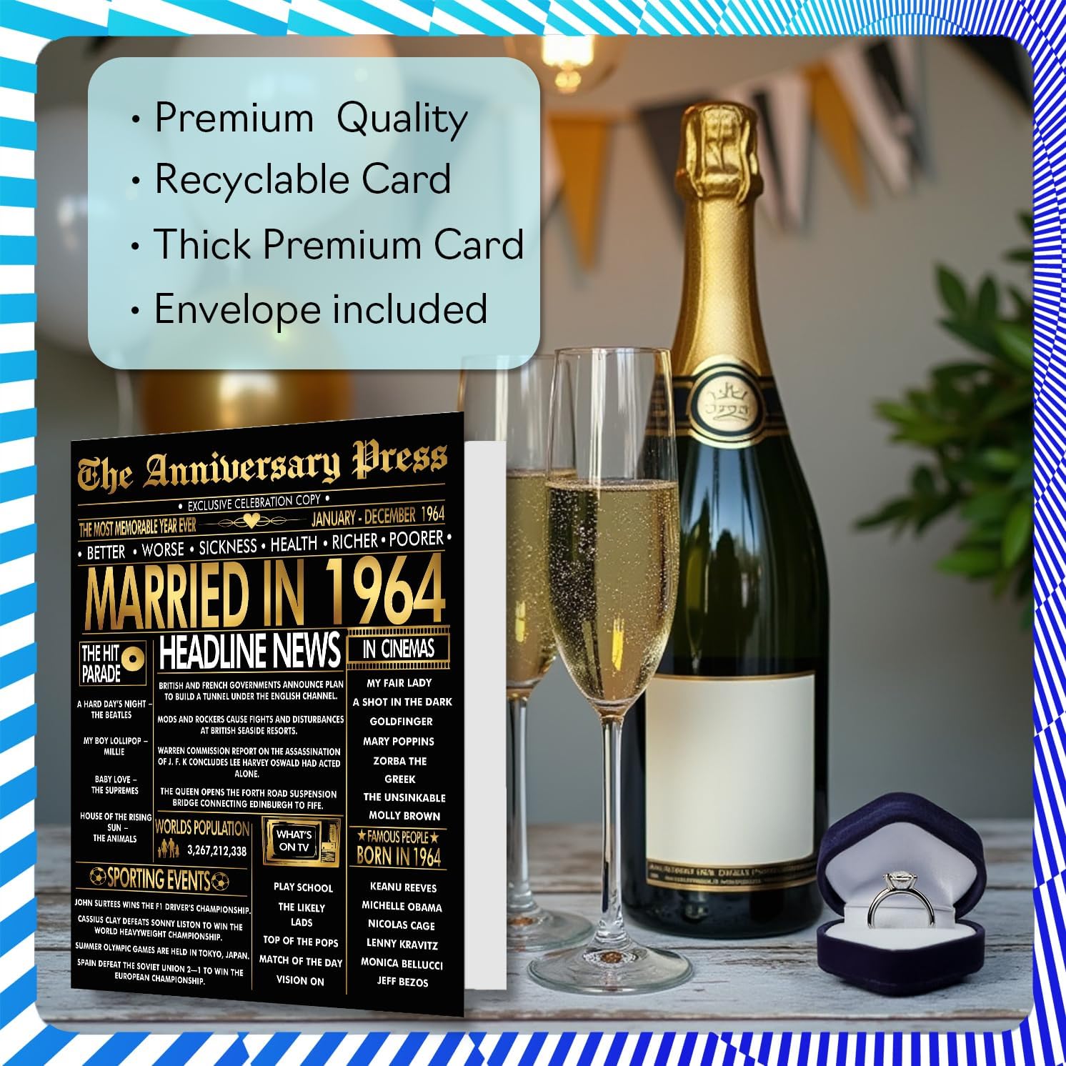 Stuff4 Gold 62nd Anniversary Card for Women Men - Golden Newspaper Married in 1964-62 Year Wedding Anniversary Card for Partner Wife Companion Husband, 5x7 Inch Anniversaries Greeting Cards