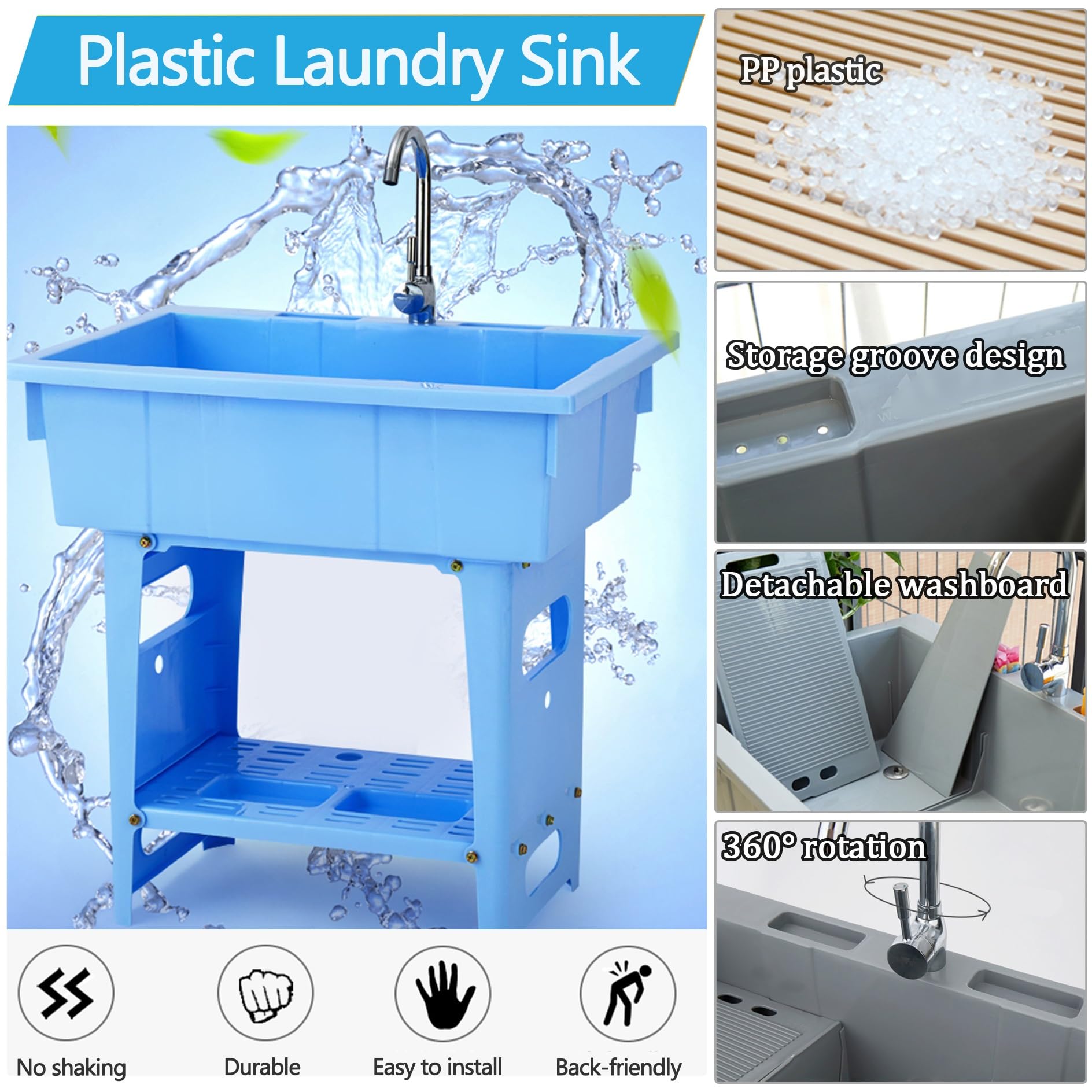Fregadero Portátil,Barreño de Plástico,Lavadero pila Exterior,Lavamanos Portatil con Grifo y Juego de Desagüe,Lavabo para Interior Jardin Cocina Baño Camping Terraza Restaurante Lavandería(Blauw)