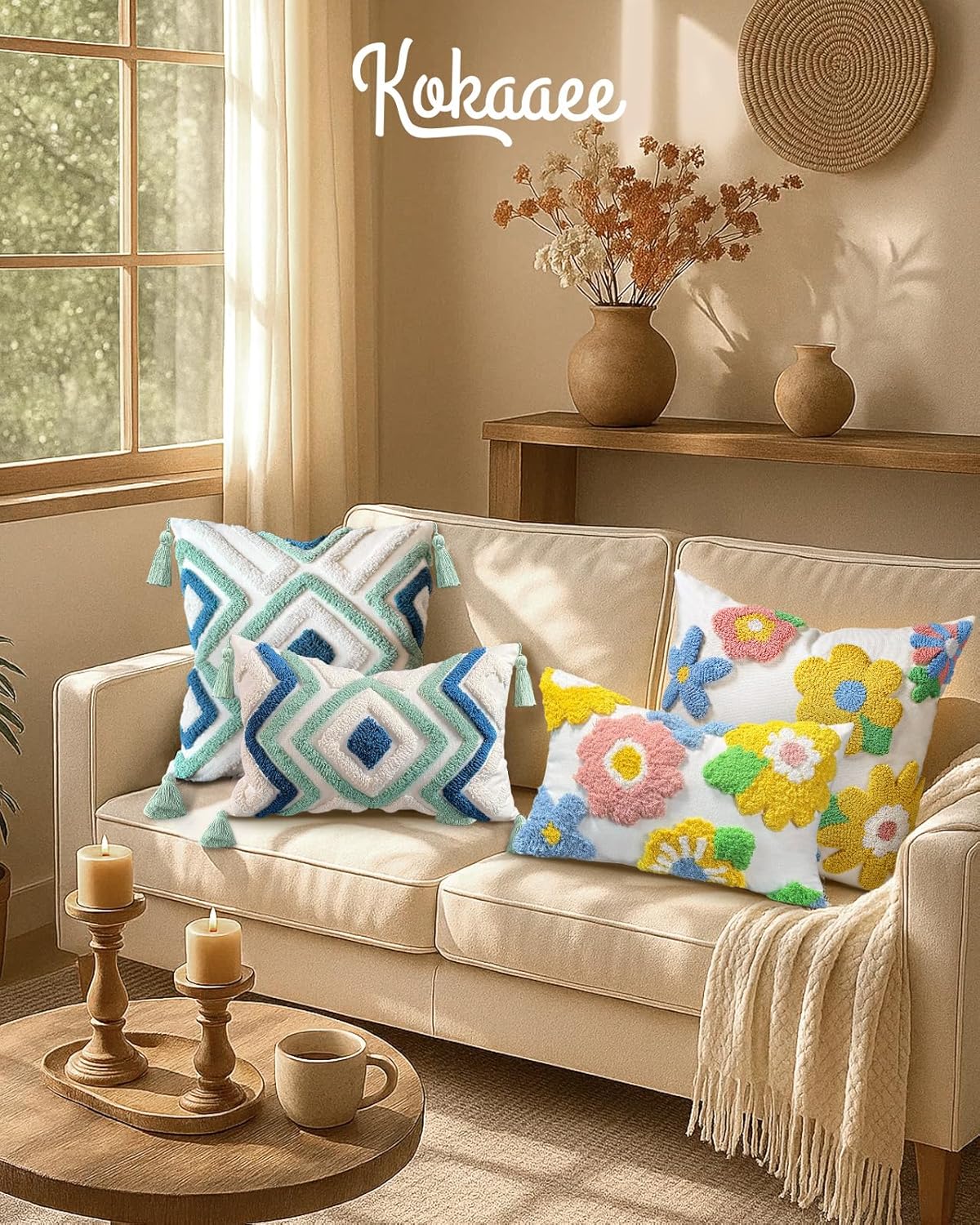 Throw Pillow Covers 18x18 - Tufted Boho Decorative Pillow Cover with Zipper for Couch Sofa Bed Living Room Aesthetic Soft Farmhouse Textured Striped Indoor Pillowcase, Cream Tassel - Image 6