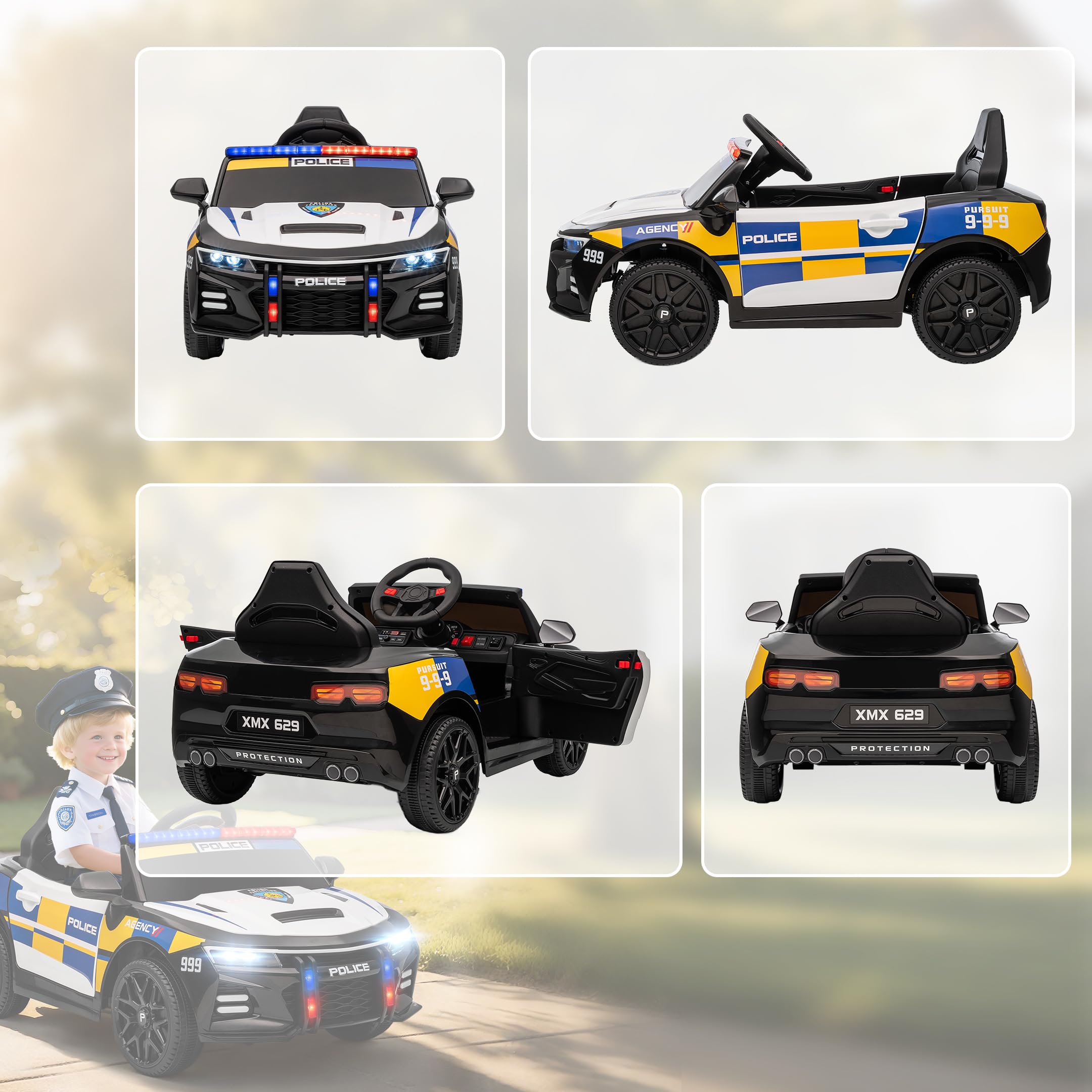 AIYAPLAY Coche Eléctrico Policía 12V para Niños +3 Años con Mando a Distancia 2,4G, Luces, Sirena, Música, USB, Suspensión