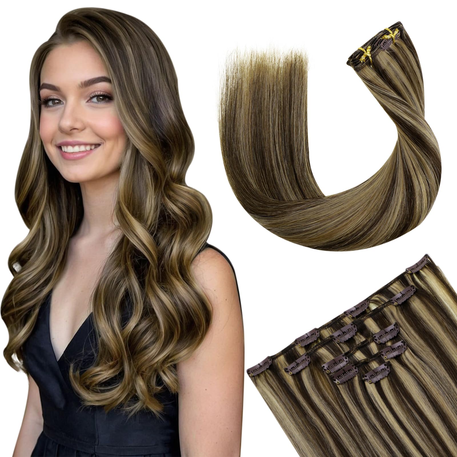 Hetto Clip in Hair Extensions Real Human Hair Brown Highlights Dark Brown with Honey Blonde Double Weft Clip Extensions Short Straight 14 Inch 5Pcs 80G
