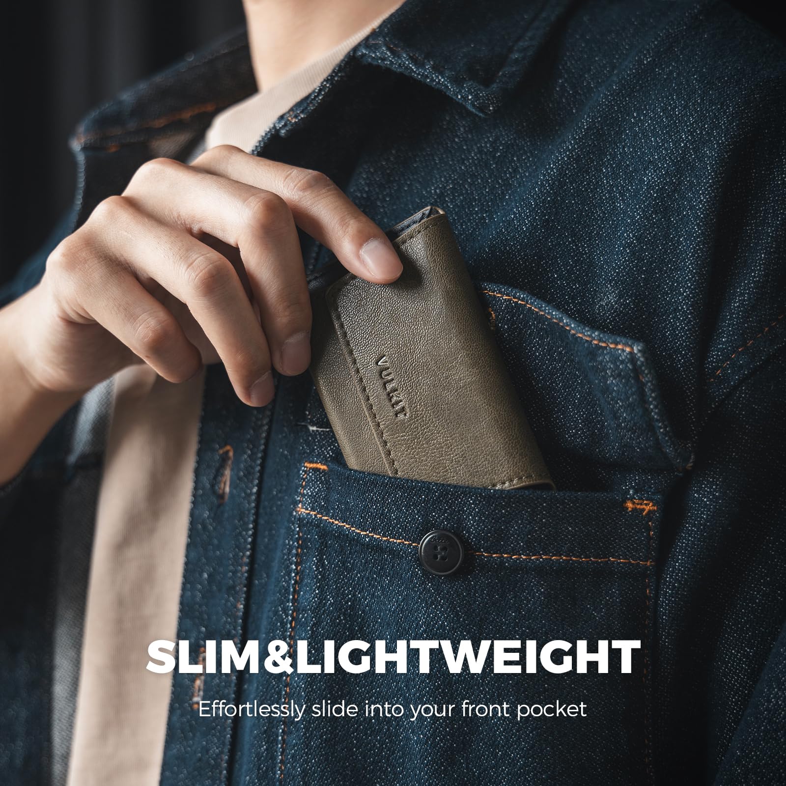VULKIT Visitenkartenetui aus Leder für Herren, schlanke Tasche, Visitenkartenetui, Namenskartenetui, Halter, hält 20 Visitenkarten, Oliv/Blatt für mich (Leaf It to Me)