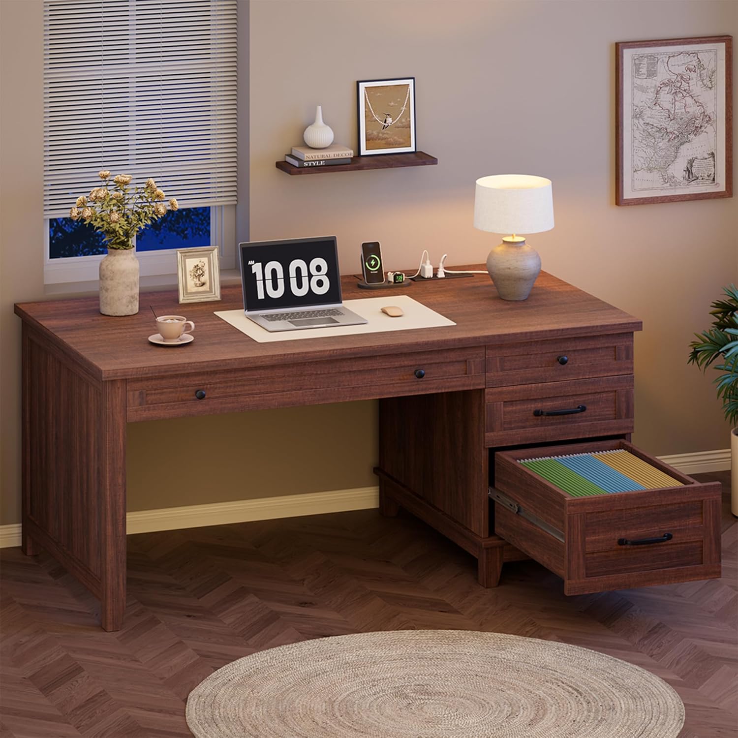GAOMON 54.5in Wooden Executive Desk with Drawers, Office Desk Computer Table with Charging Station, Farmhouse Home Office Desk with File Cabinet Storage, for Study and Home Office, Walunt Brown