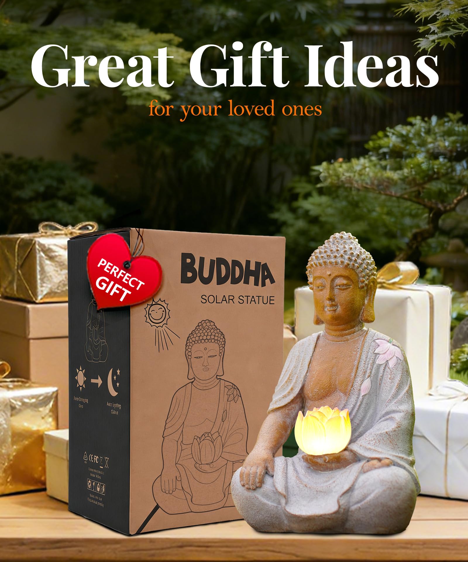 Goodeco Statua solare di Buddha con luci di loto Phink – 21 cm | Ornamenti zen seduti per patio, cortile, balcone, giardino, decorazione, regalo per donne, uomini, meditazione, bianco