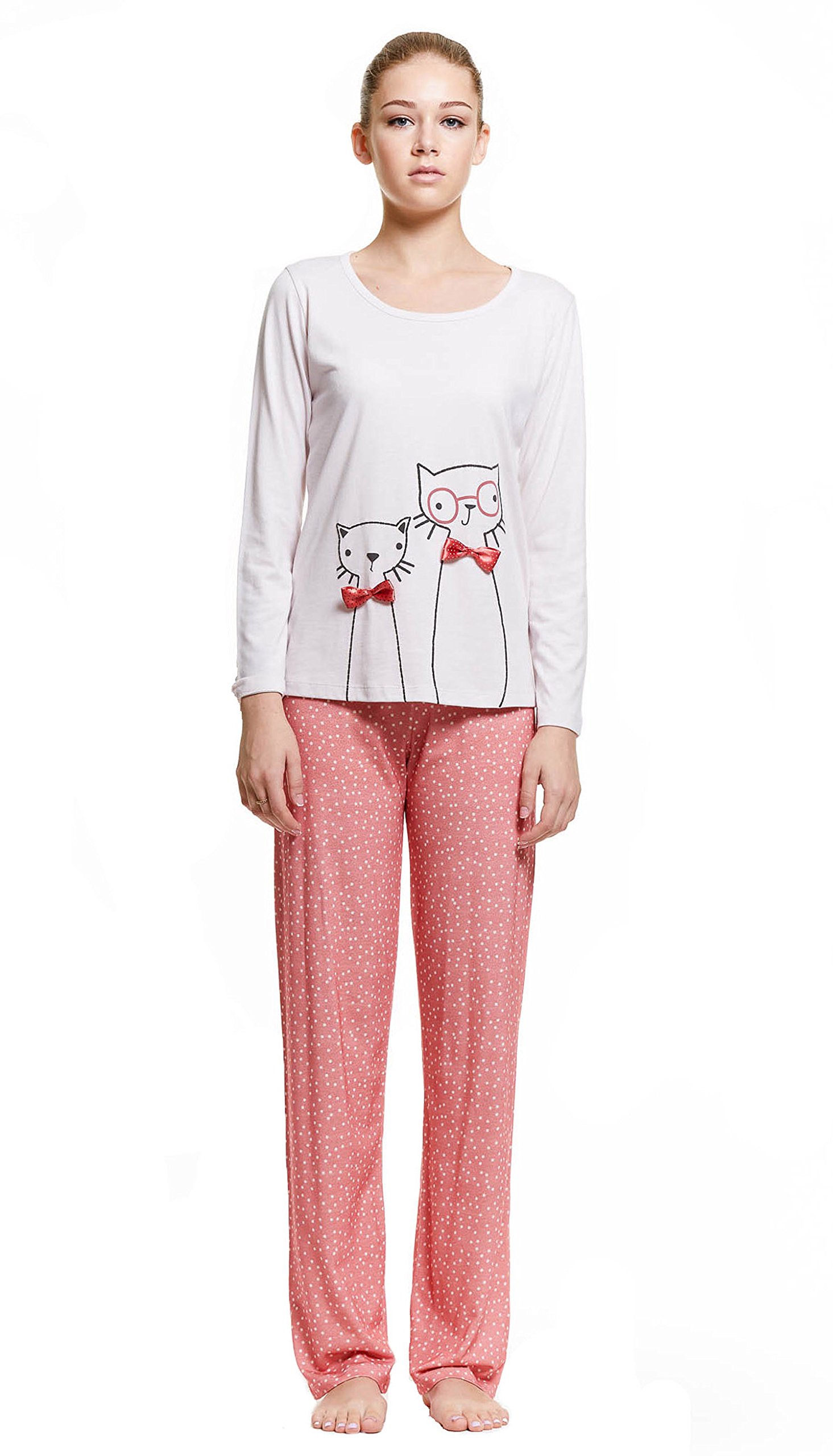 KATIA & BONY Happy Cats Women's Long Sleeve Pajama Set with Pants