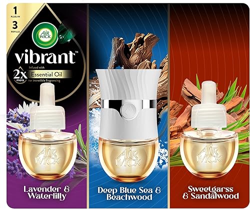 Air Wick Vibrante calentador de aceite perfumado enchufable + recargas, impregnado con aceites esenciales, ambientadores enchufables para el hogar,