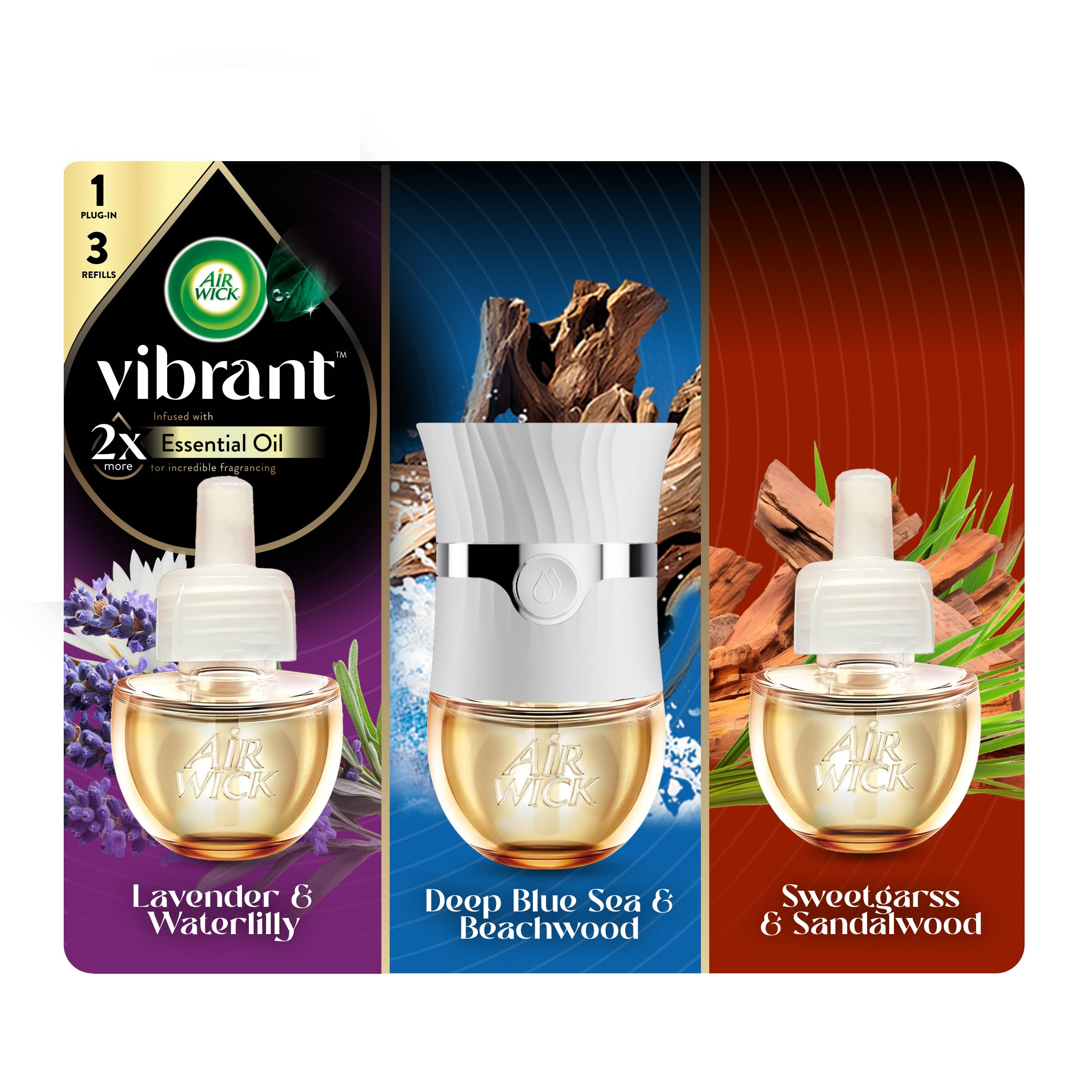 Vibrant Plug In Scented Oil Warmer + Refills, Infused with Essential Oils, Plug In Air Fresheners for Home, Mixed Pack, Gadget + 3 ct