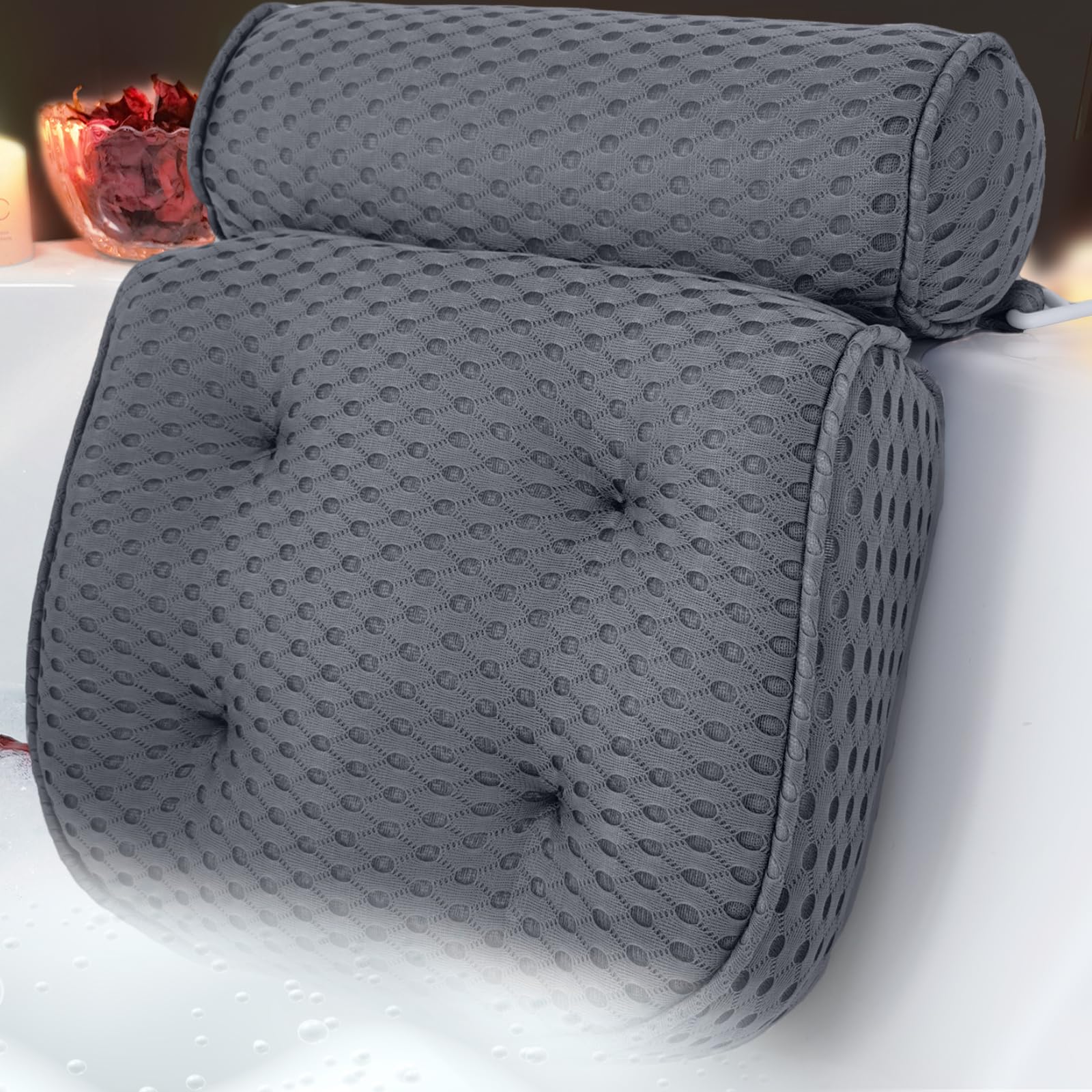 AEROiVi Luxury Bath Pillows for Tub Soft Mesh Strong 6 Suction Cups Gray