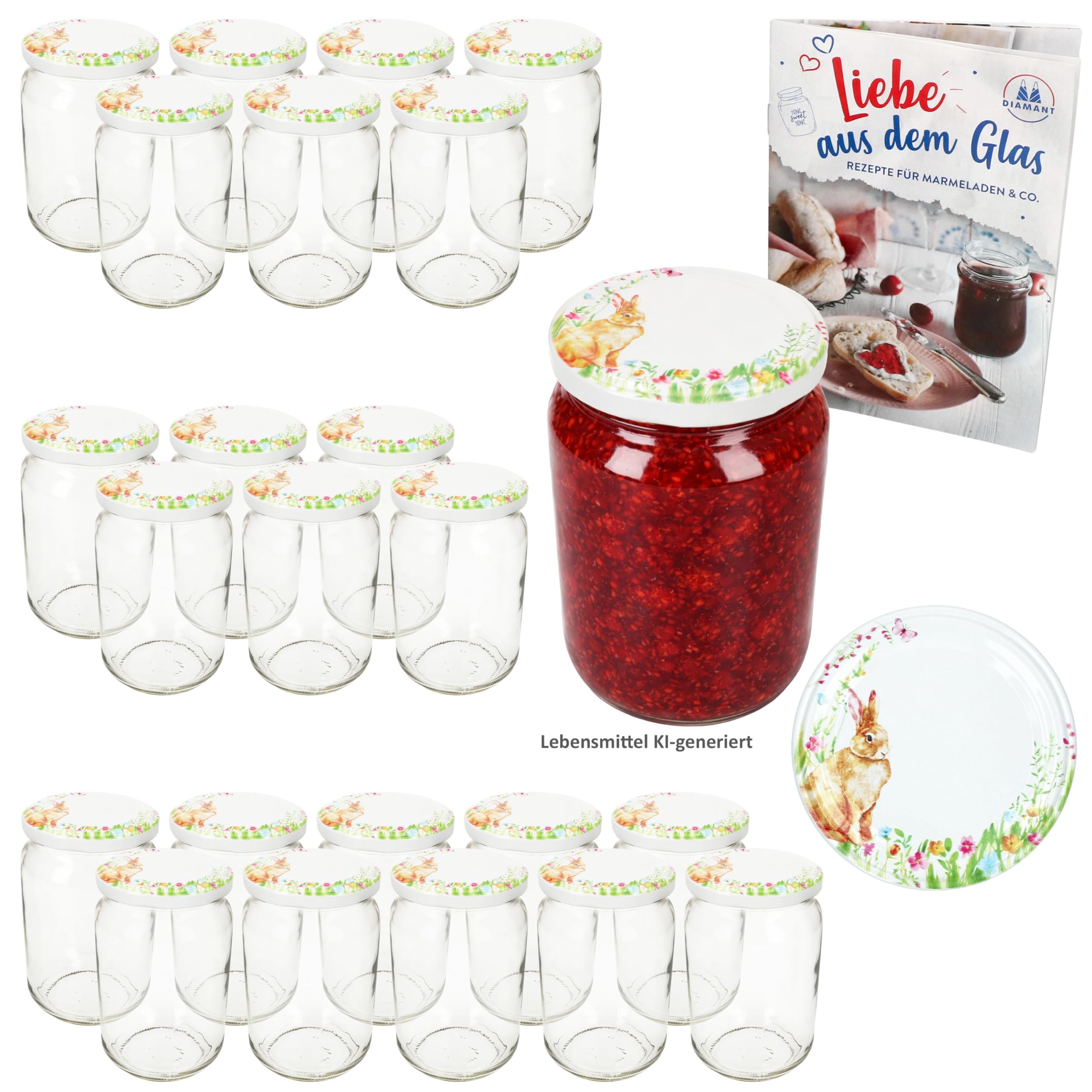 MamboCat Zestaw 24 słoików 720 ml z zakręcanymi pokrywkami, wielkanocna radość, zajęcy, kwiaty i Wielkanoc, zeszyt z przepisem na cukier diamentowy, słoiki do przechowywania