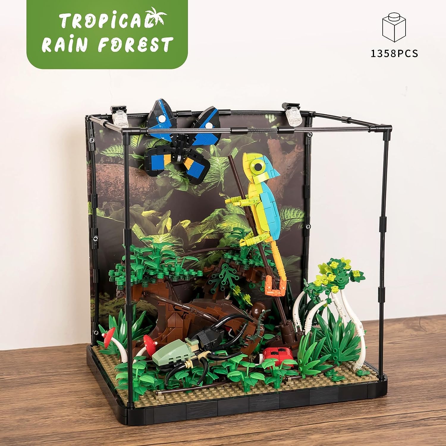 QLT QIAOLETONG Ideas Baukasten mit tropischen Regenwaldtieren?Klemmbausteine Baustein Reptilienlandschaft mit LED-Lichtspielzeug für Erwachsene