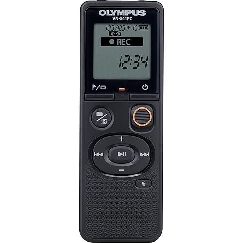 Olympus VN-541PC digital voice recorder with one-touch recording, noise-cancellation function, 4GB memory, four scenes recording, includes a micro-USB cable.