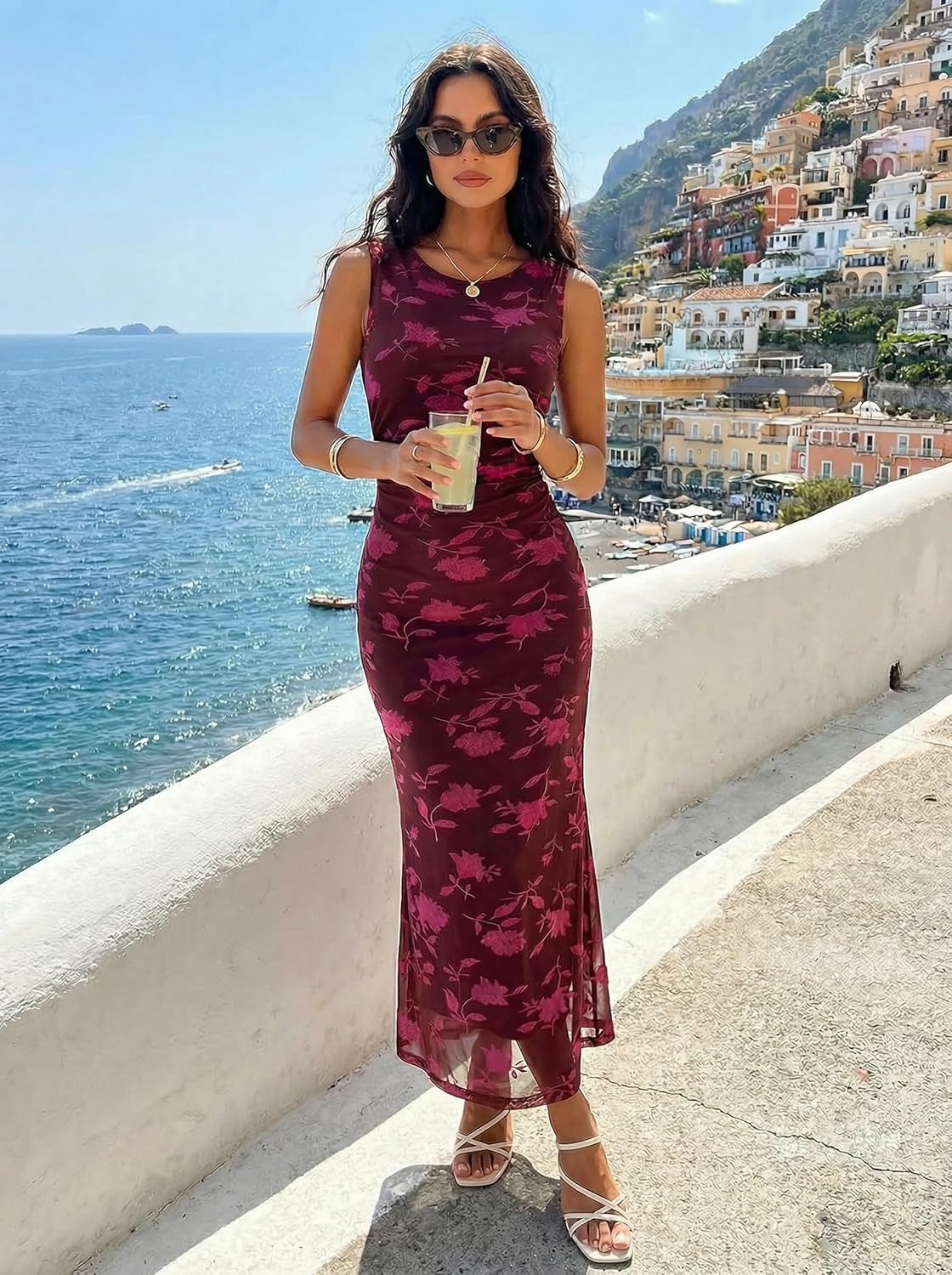 MEROKEETY Women's Summer Sleeveless Floral Bodycon Dress 2026 Spring Mesh Wedding Guest Cocktail Formal Party Maxi Dresses